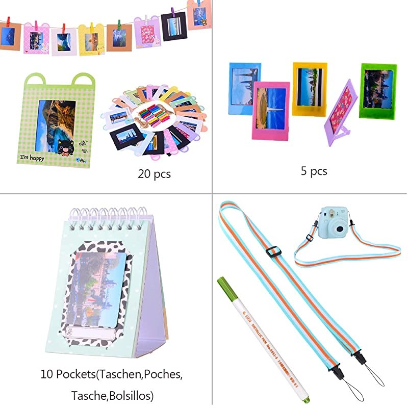 Instax Mini 9 Camera Accessories Bundles Compatible with Fujifilm Instax Mini 9 Mini 8 Mini 8+ Camera with Mini 9 Case,108 Photos Mini Photo Album,etc. (Ice Blue,14 Items)