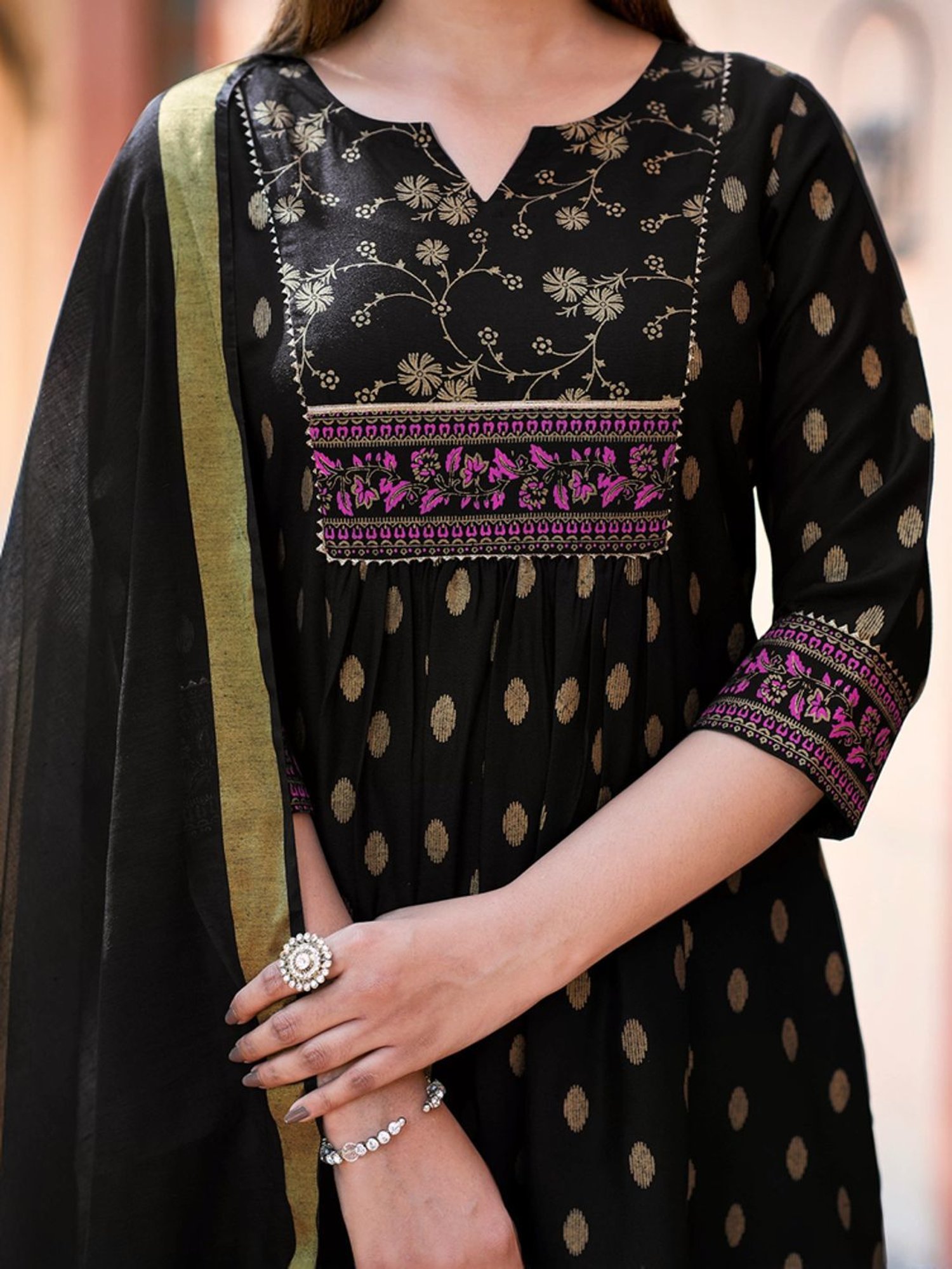 Skylee Black Floral Print Kurta Pant Set With Dupatta