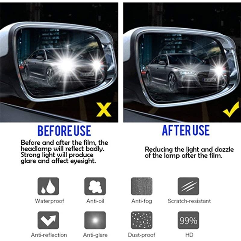 Car Rearview Mirror Waterproof Film, Anti Fog Film Anti-Glare Anti Mist Anti-Scratch Waterproof Rainproof Rear View Mirror Window Clear Protective Film-2Pcs