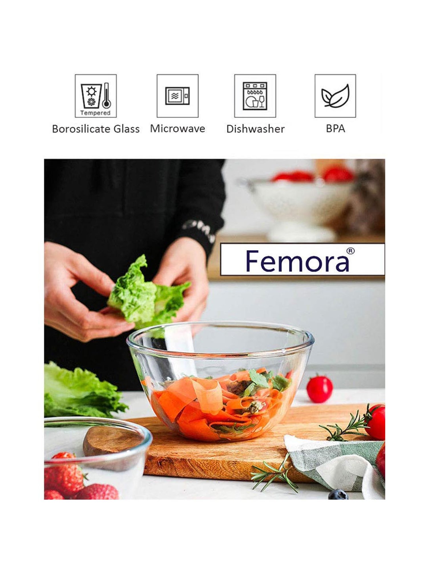 Femora Transparent Borosilicate Glass Mixing Bowls (2100 ml, 700 ml & 2650 ml) - Set of 3