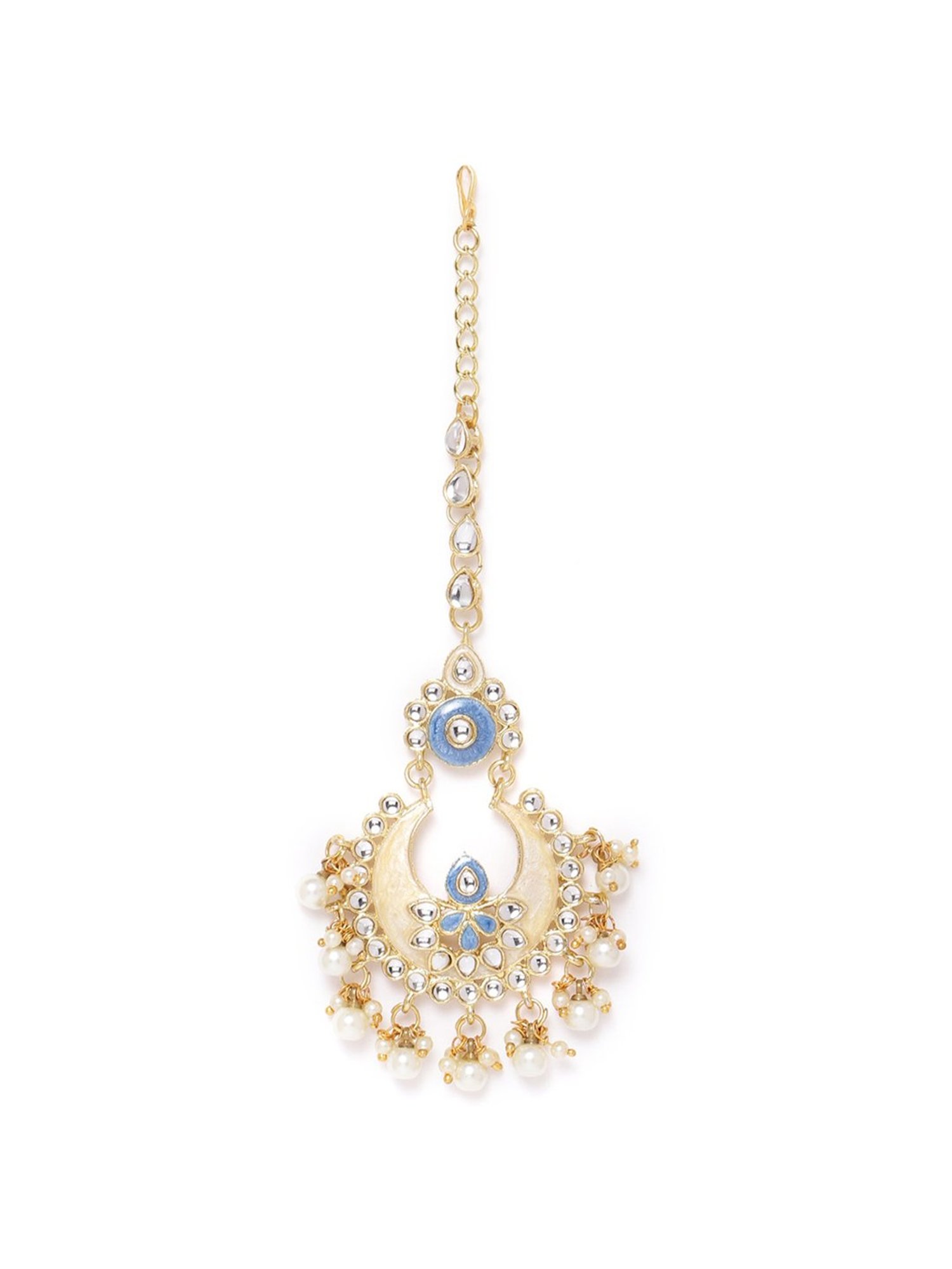 Zaveri Pearls Enamelling Blue Kundan & Pearls Wedding Collection Earring & Maangtikka Set-ZPFK9747