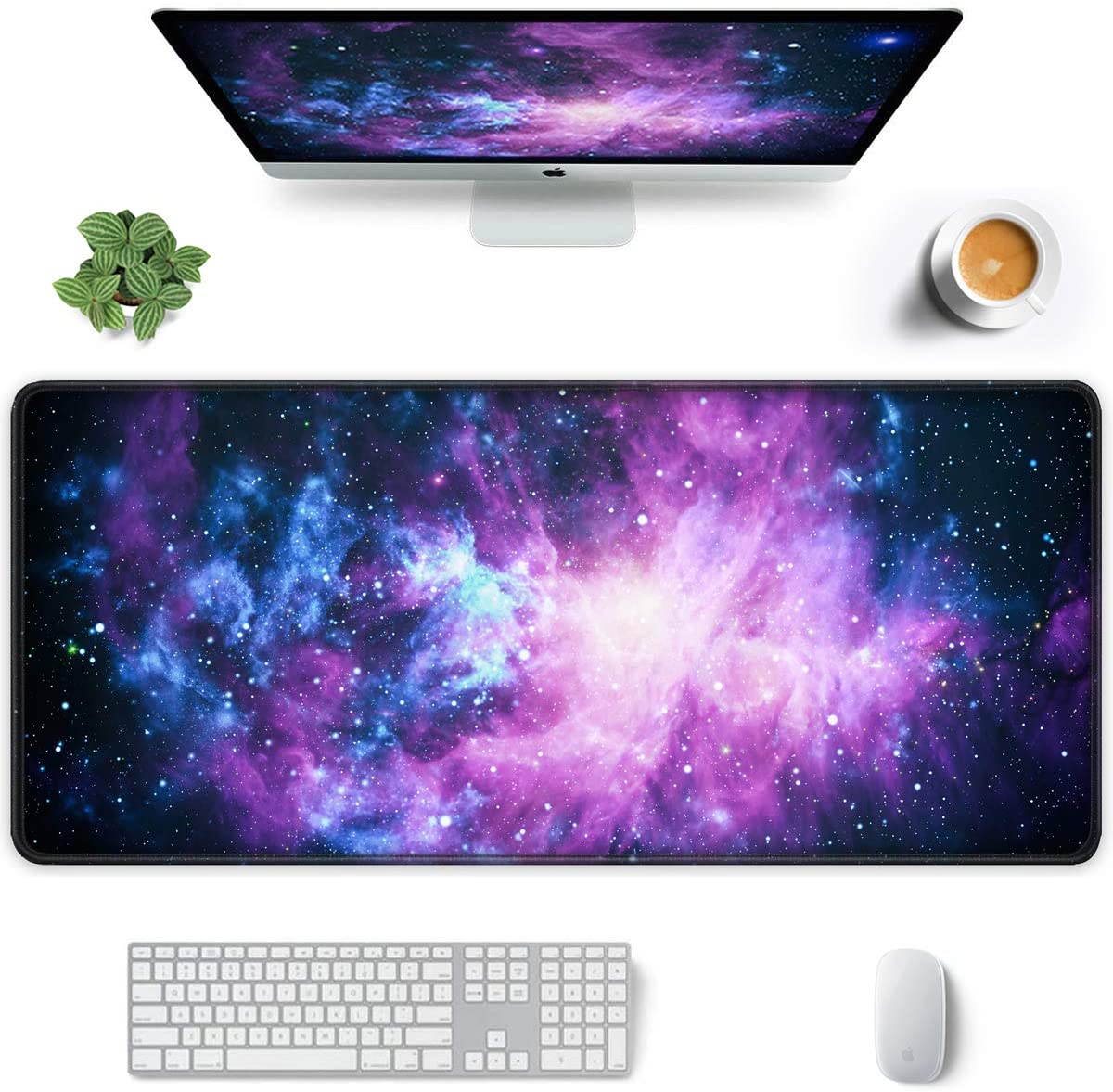 Large Mouse Pad, Full Desk XXL Extended Gaming Mouse Pad 35" X 15", Waterproof Desktop Mat with Stitched Edges, Non-Slip Laptop Computer Keyboard Mousepad for Office and Home, Galaxy Design