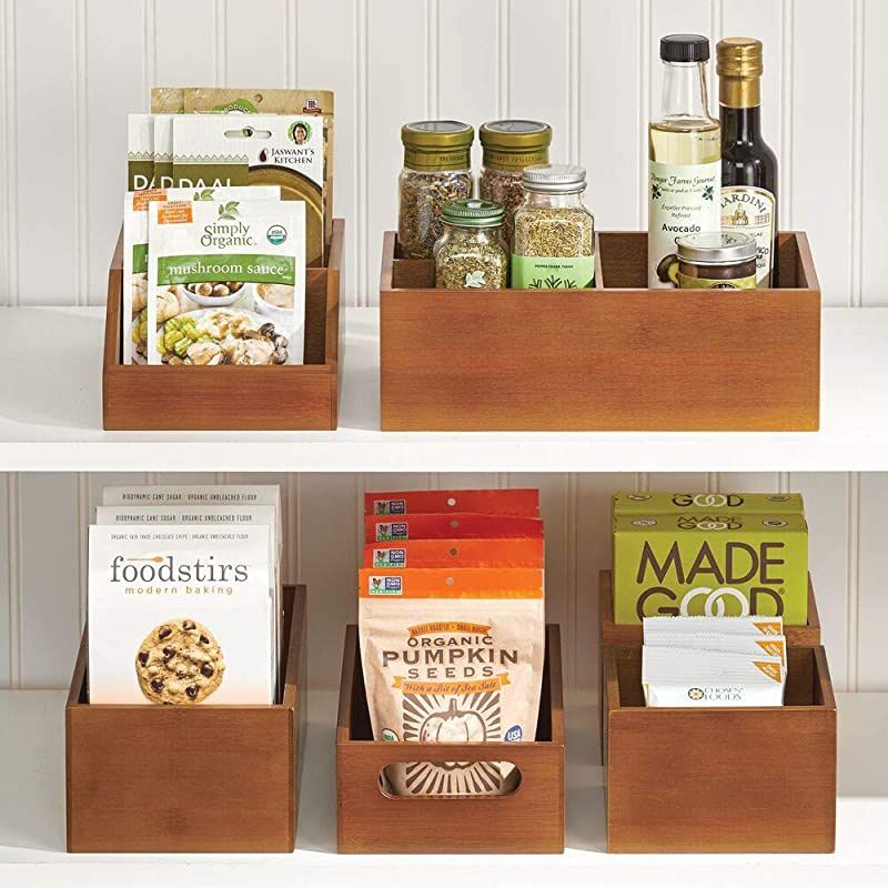 Bamboo Wood Compact Food Storage Bin with Handle for Kitchen Cabinet Pantry Shelf to Organize Seasoning Packets Powder Mixes Spices Packaged Snacks 2 Pack Brown