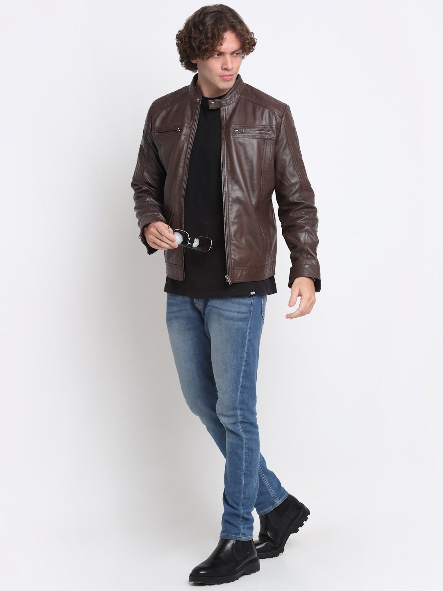 Teakwood Leathers Brown Mandarin Collar Leather Jacket