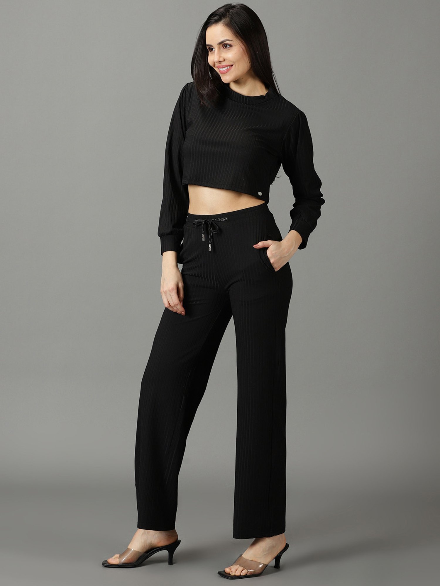 SHOWOFF Black Crop Top With Pants