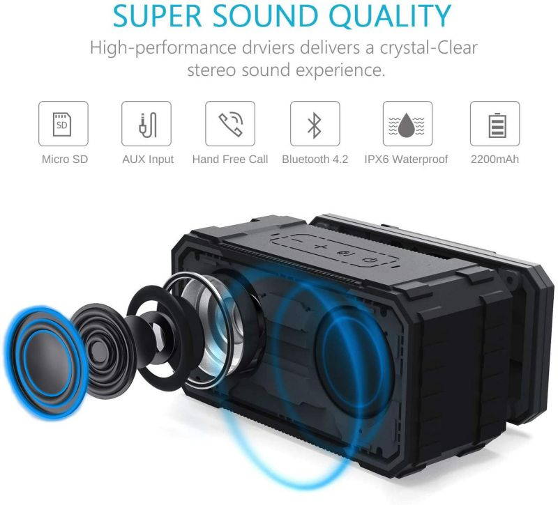 Zosam Portable Bluetooth Speaker, IPX6 Waterproof Wireless Speaker with 10W HD Stereo Sound, Rich Bass, 10H Playtime, Built-in Mic and AUX/SD Input for Shower, Pool, Outdoor, Travel