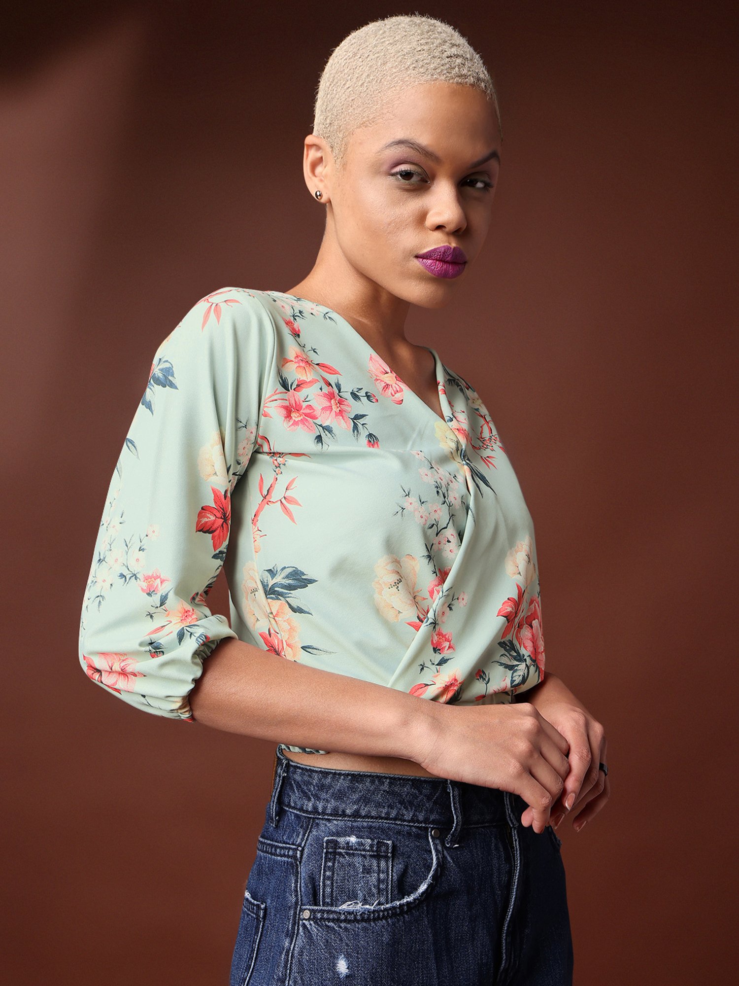 PURVAJA Light Green Floral Print Crop Top