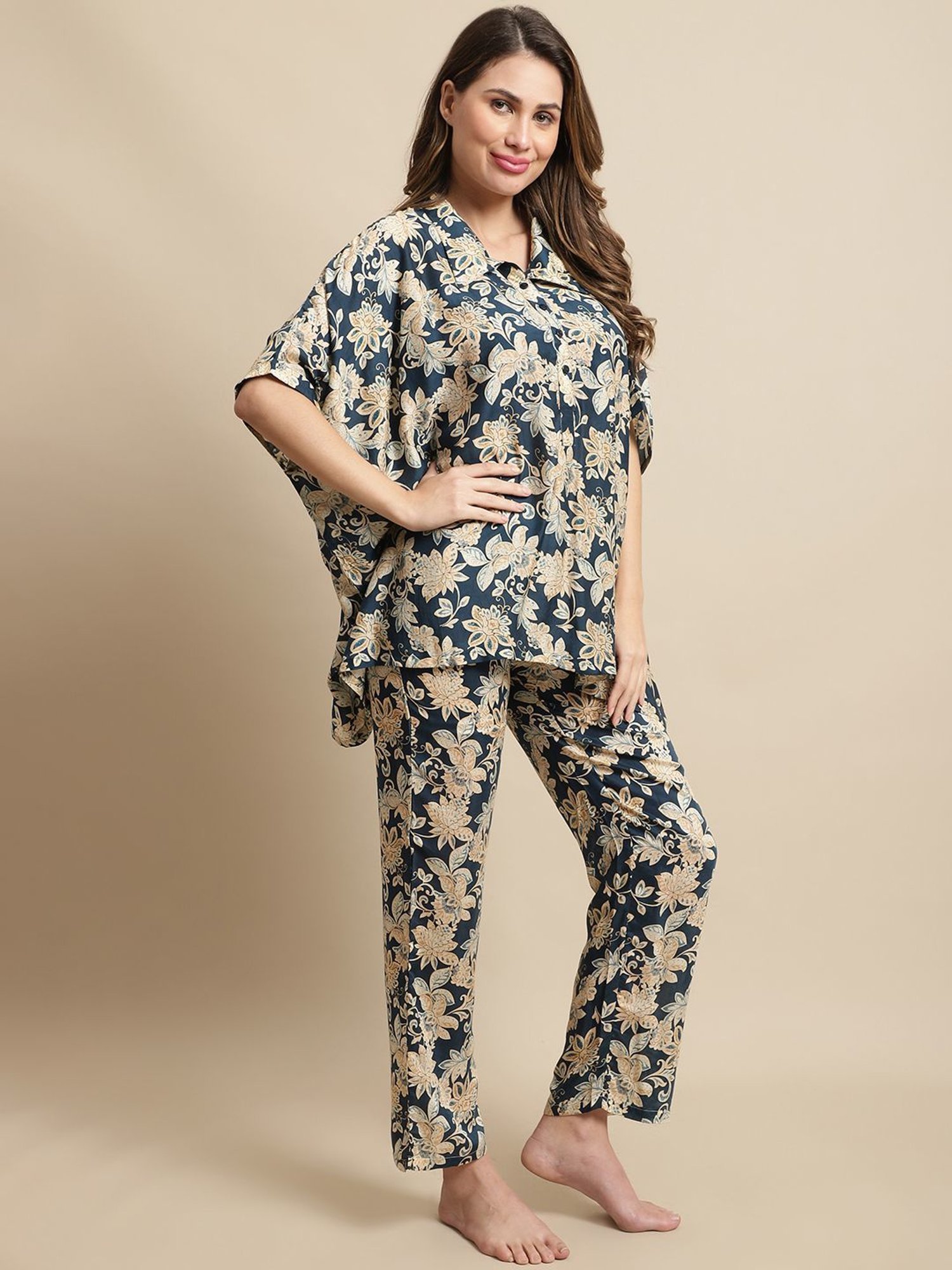 Kanvin Navy Printed Kaftan Palazzo Set