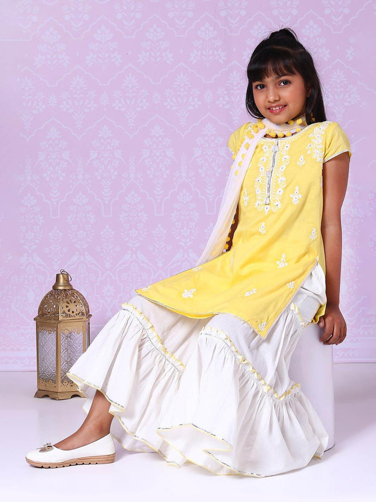 BIBA Girls White & Yellow Embroidered Kurta, Palazzos with Dupatta