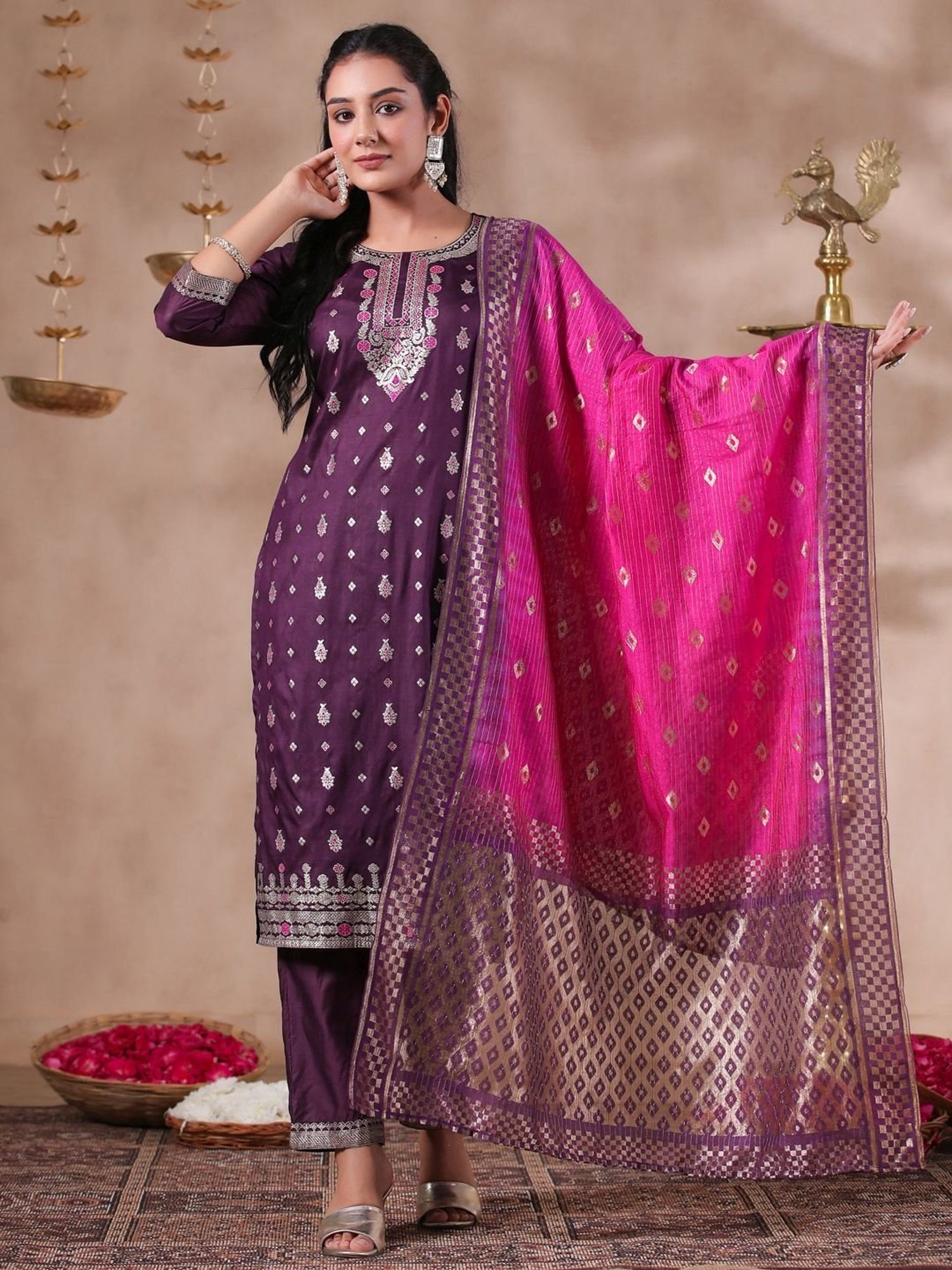 Ishin Purple Woven Pattern Kurta Pant Set With Dupatta