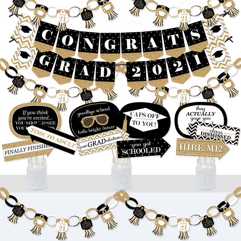 Big Dot of Happiness Tassel Worth The Hassle - Gold - Banner and Photo Booth Decorations - 2021 Graduation Party Supplies Kit - Doterrific Bundle