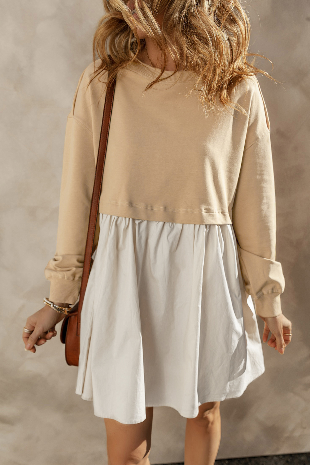 Khaki Sweatshirt Colorblock Flowy Pleated Mini Dress