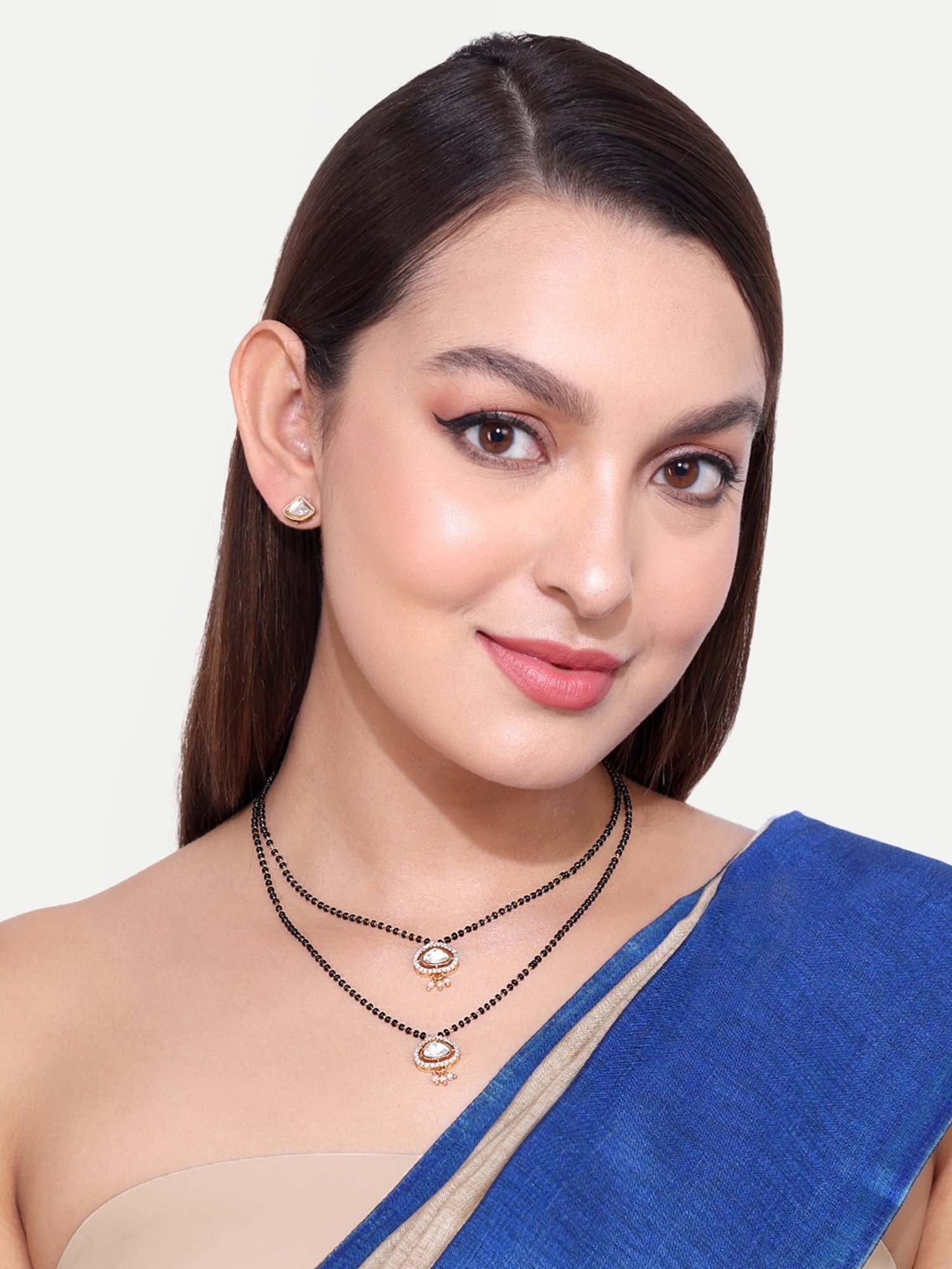 Abdesigns Gold-Plated American Diamond & Black Beaded Mangalsutra