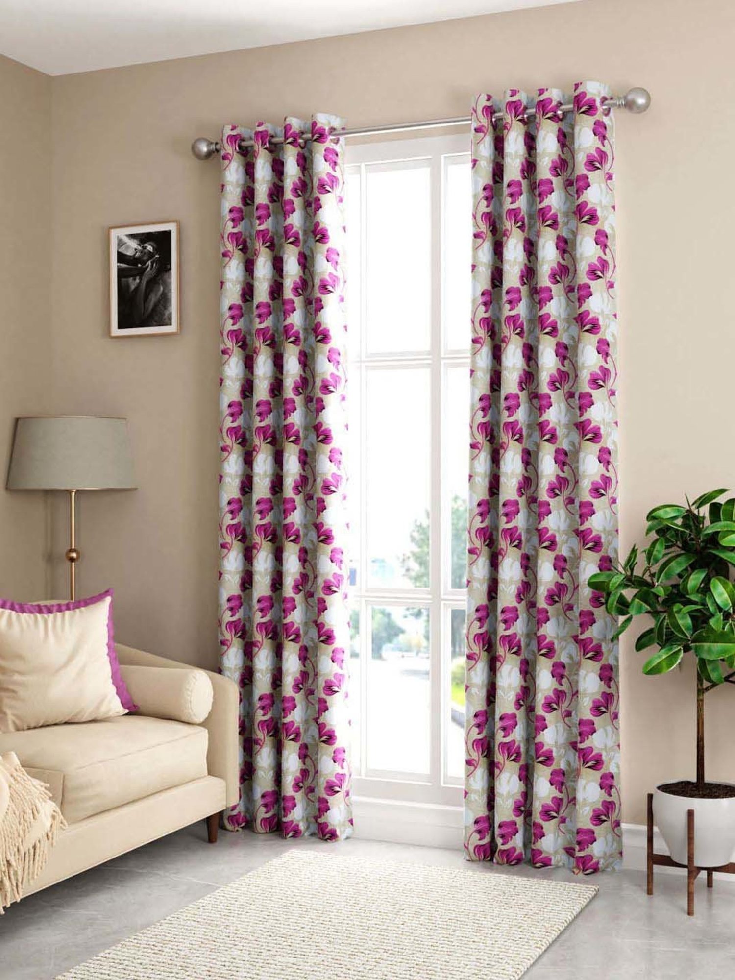 Bianca SANTORO Beige & Pink Faux Silk 7 Ft. Door Curtain - Set of 2