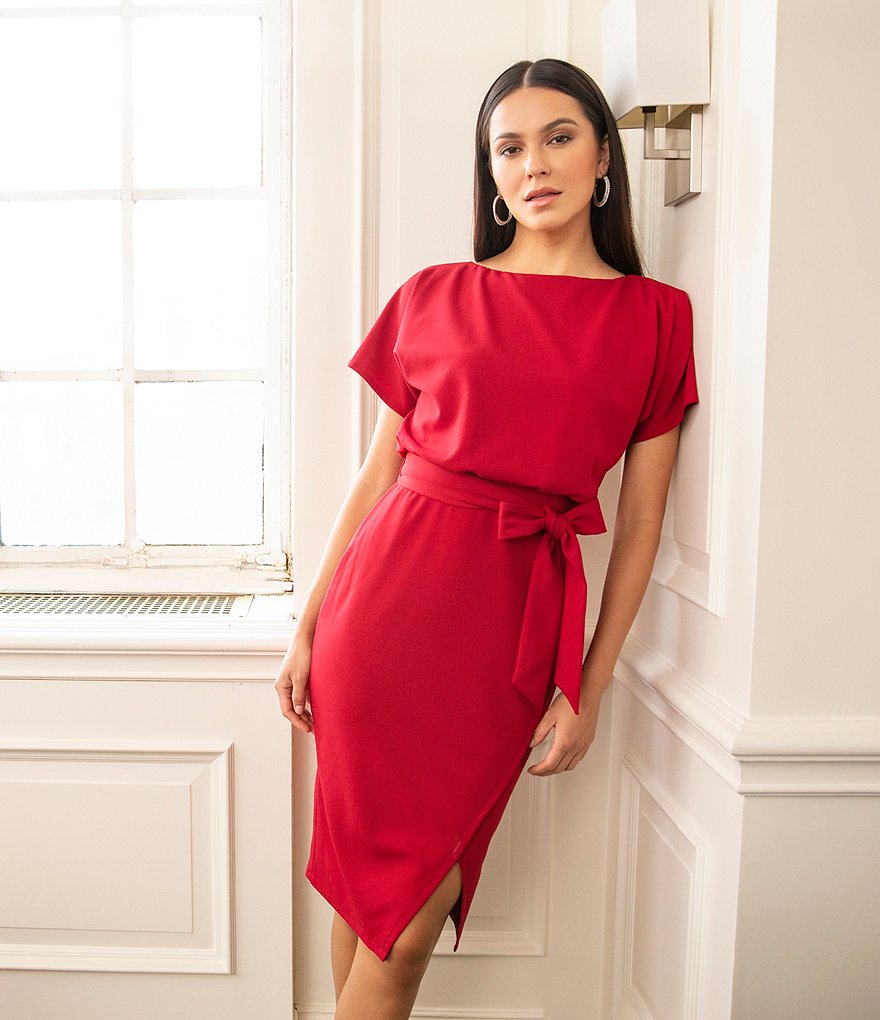 Kensie Textured Knit Boat Neck Tie Waist Short Sleeve Blouson Dress