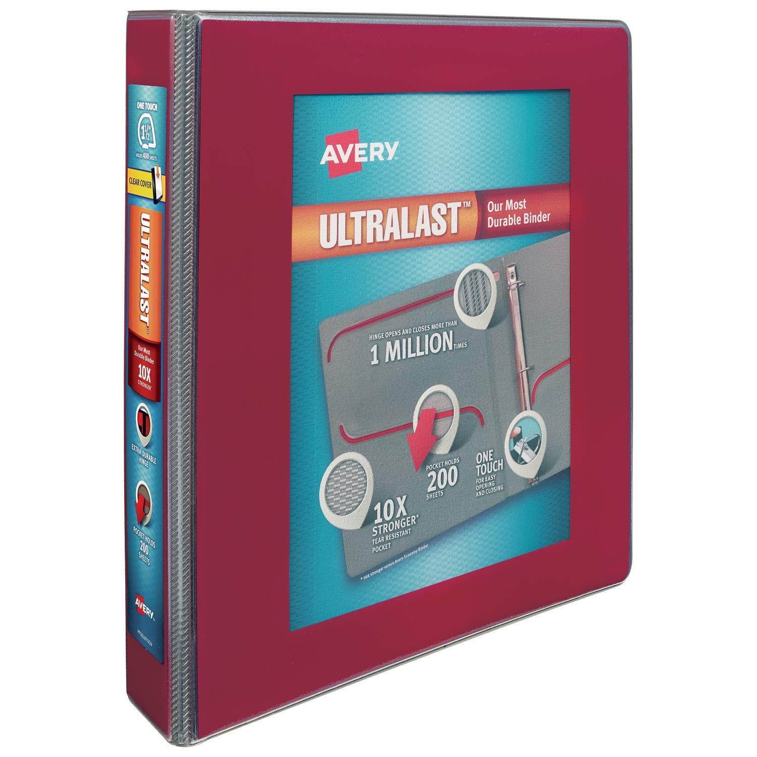 Avery 1.5" Ultralast 3 Ring Binder, One Touch Slant Ring, Holds 8.5" x 11" Paper, 1 Red Binder (79713)
