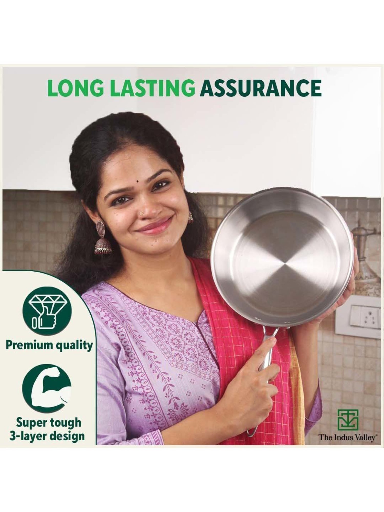 The Indus Valley Silver Stainless Steel 25.4 cm Fry Pan With Long Handle & Glass Lid (1.7 L)