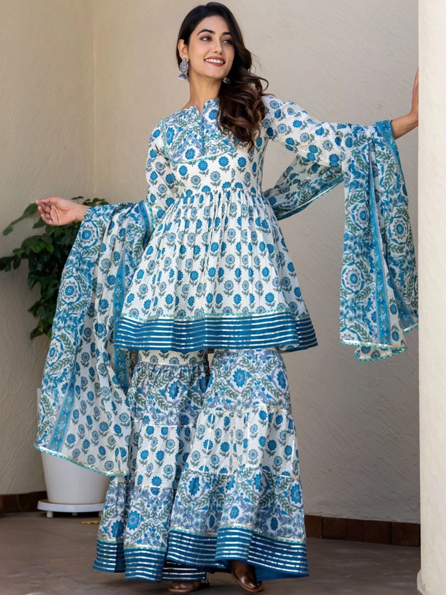 HOUSE OF JAMOTI Blue Cotton Printed Short Kurti Sharara Set With Dupatta