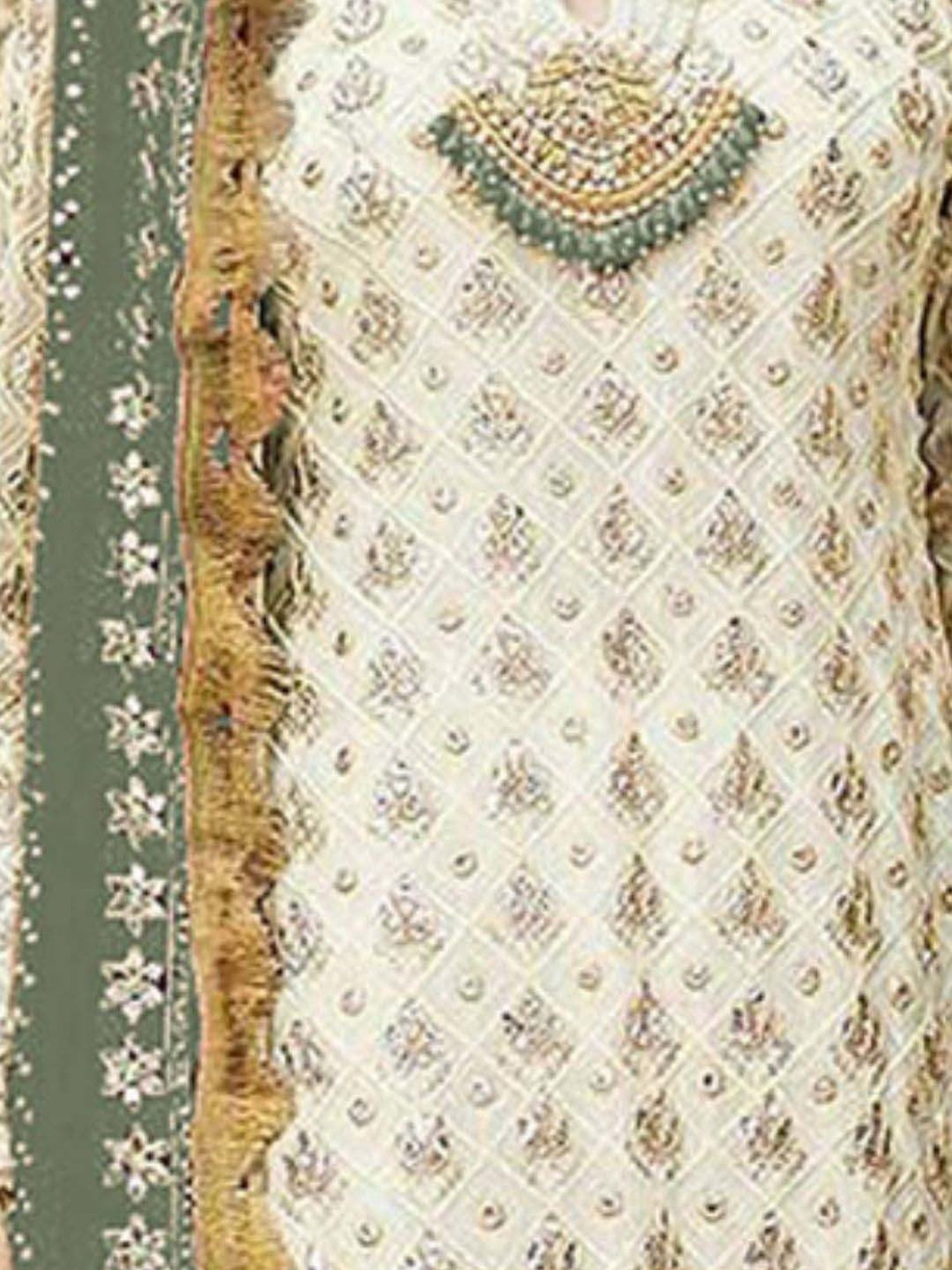 Odette White & Green Embroidered Semi Stitched Dress Material