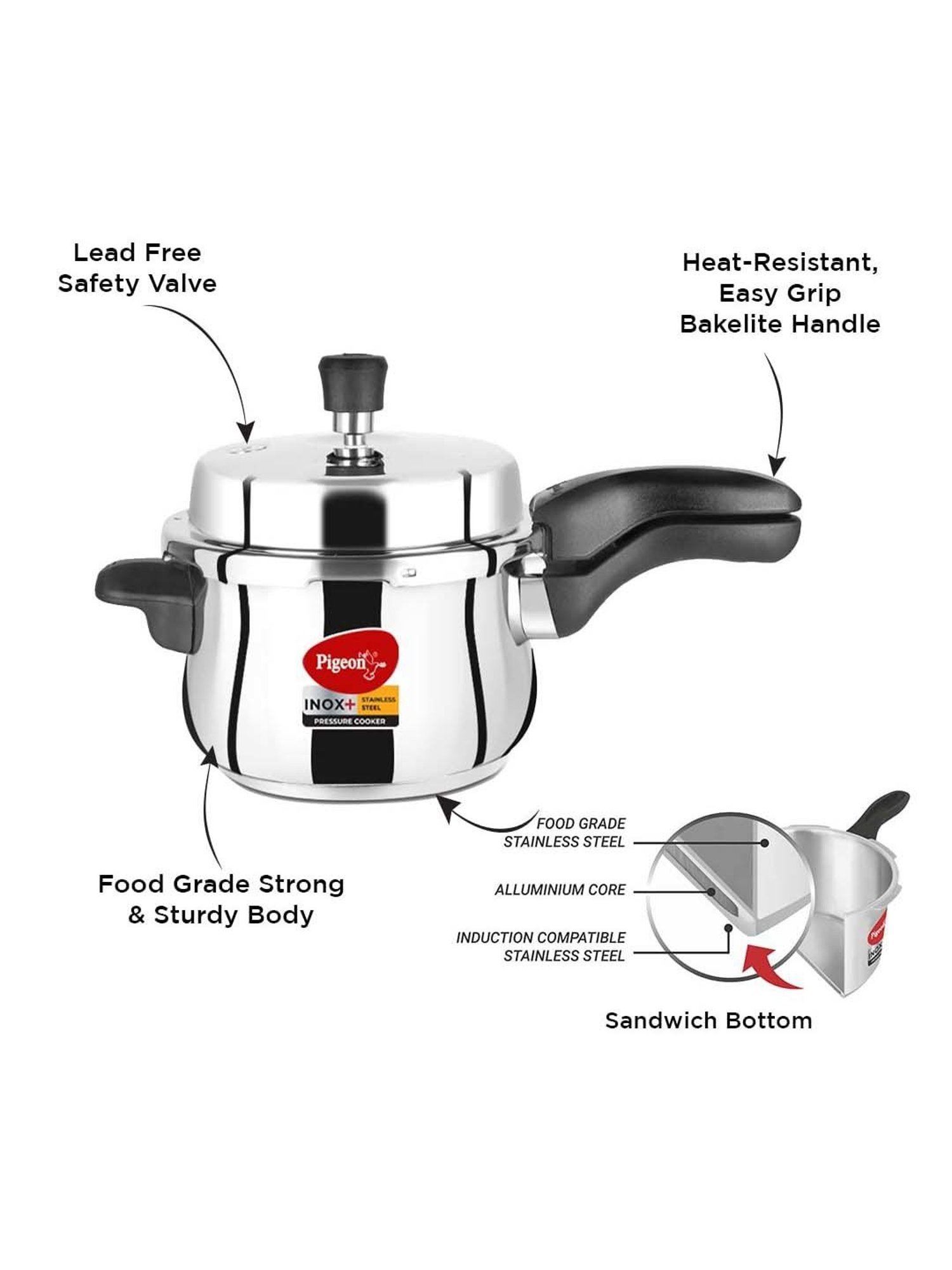 Pigeon Silver Stainless Steel Induction Inox Plus Pressure Cooker (5 L)