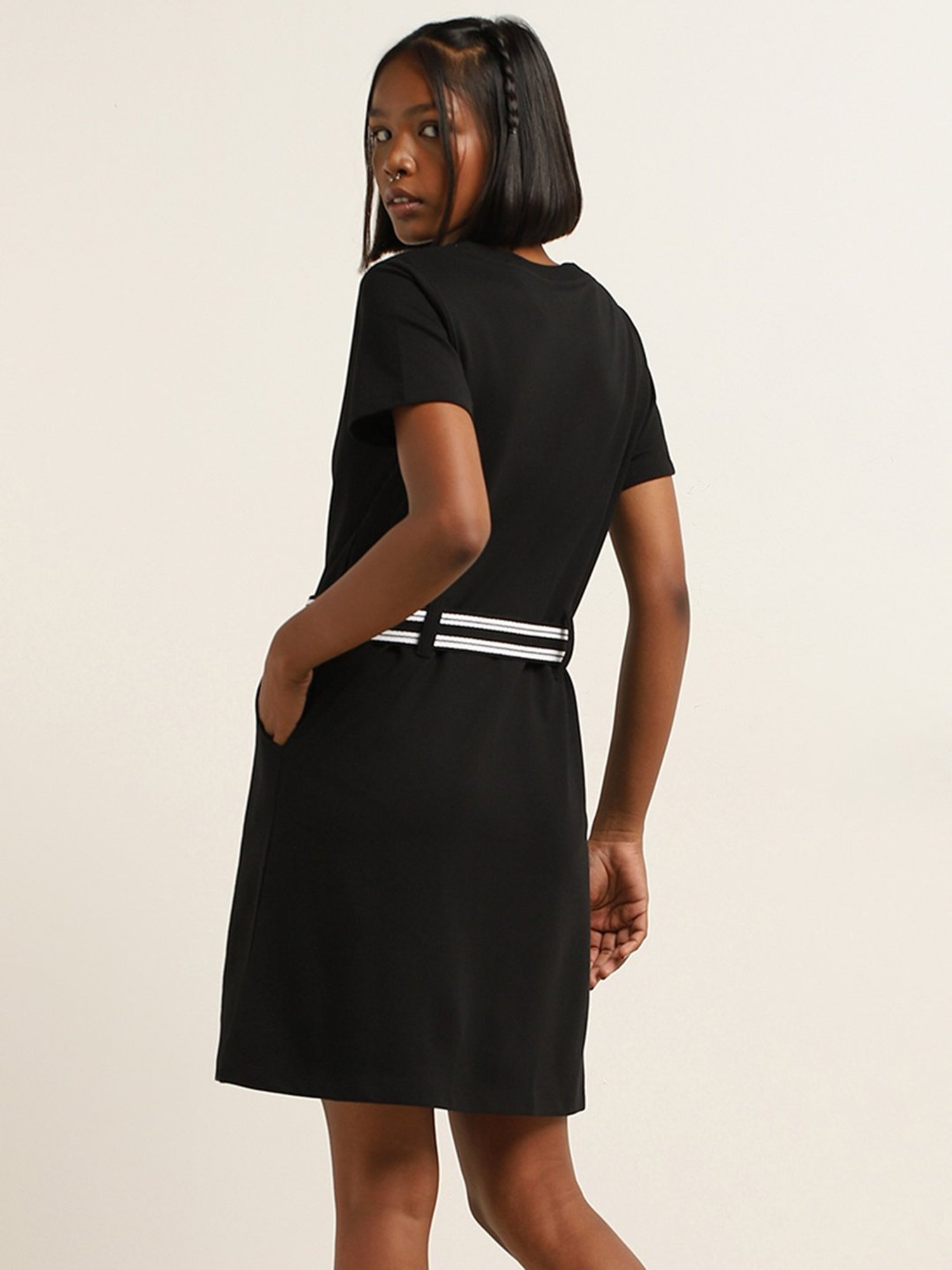Studiofit by Westside Black Text Design Straight Cotton Dress with Belt