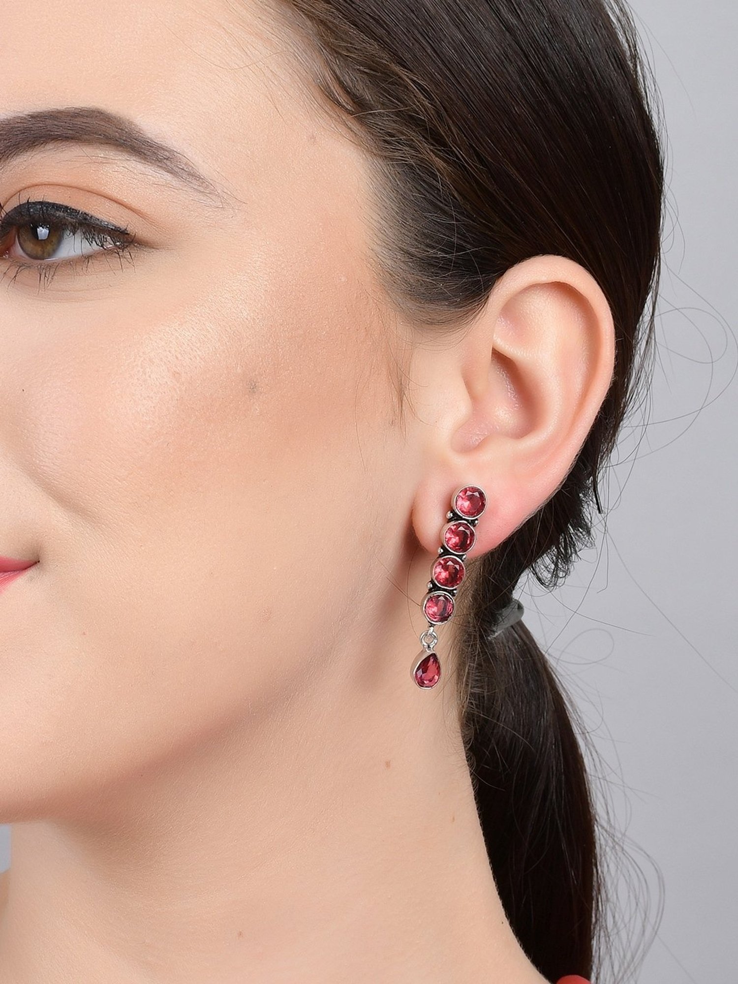 Imli Street Pink Silver Tone Stone-Studded Handcrafted Dangler Earrings