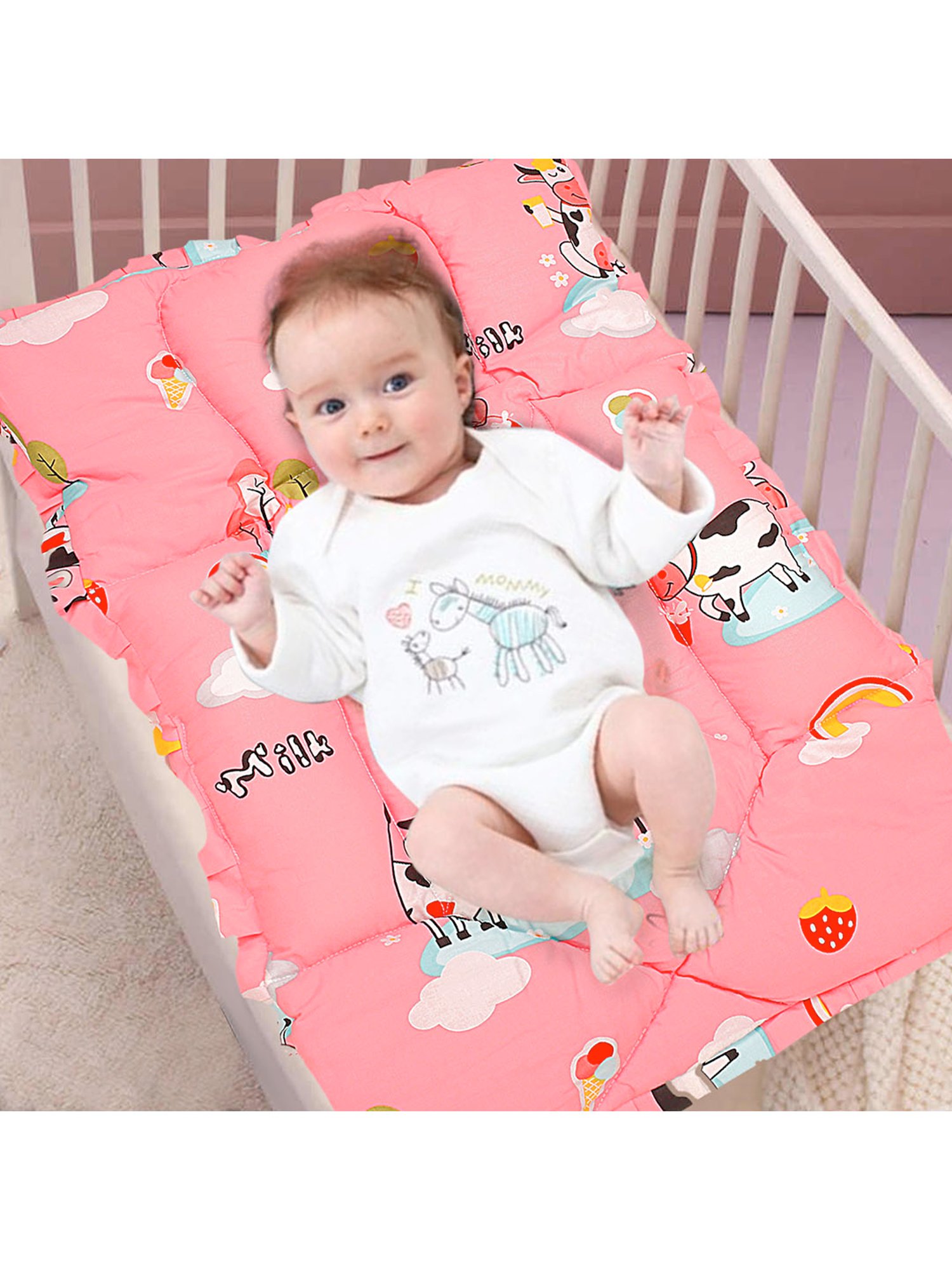 Baby Moo Milkaholic Peach Mattress with Fixed Neck Pillow and Bolsters