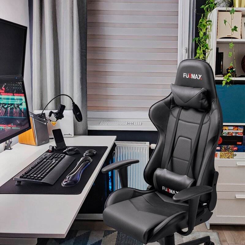 Furmax Gaming Office Chair Ergonomic High-Back Racing Style Adjustable Height Executive Computer Chair, PU Leather Swivel Desk Chair (Black/Grey)
