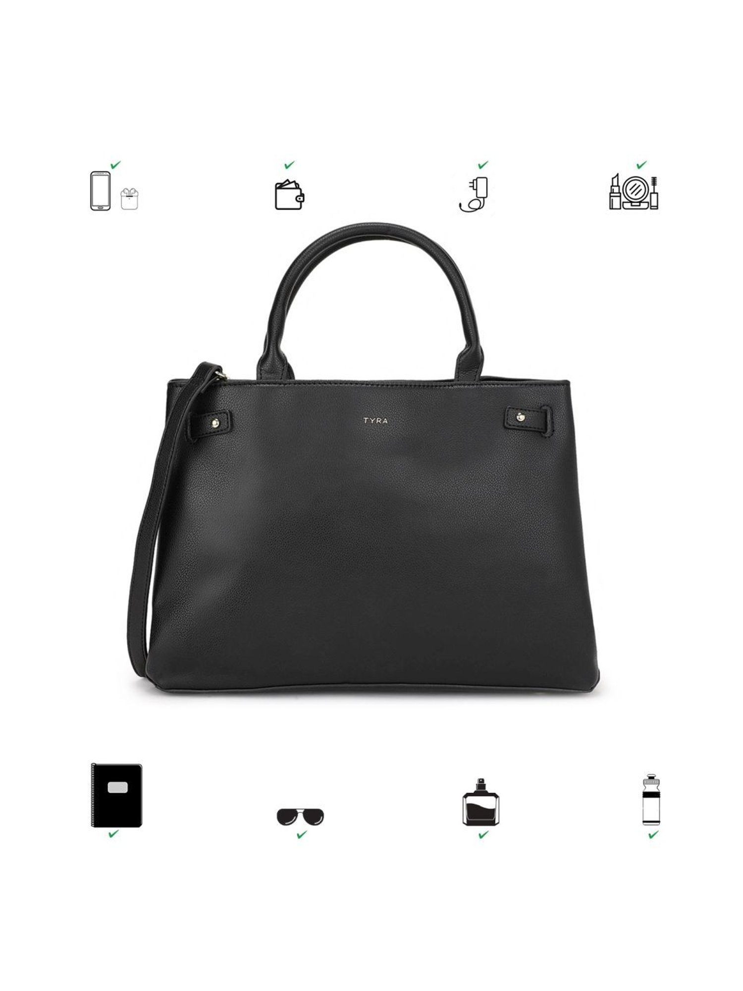 Tyra Ruby Black Solid Faux Leather Tote Handbag