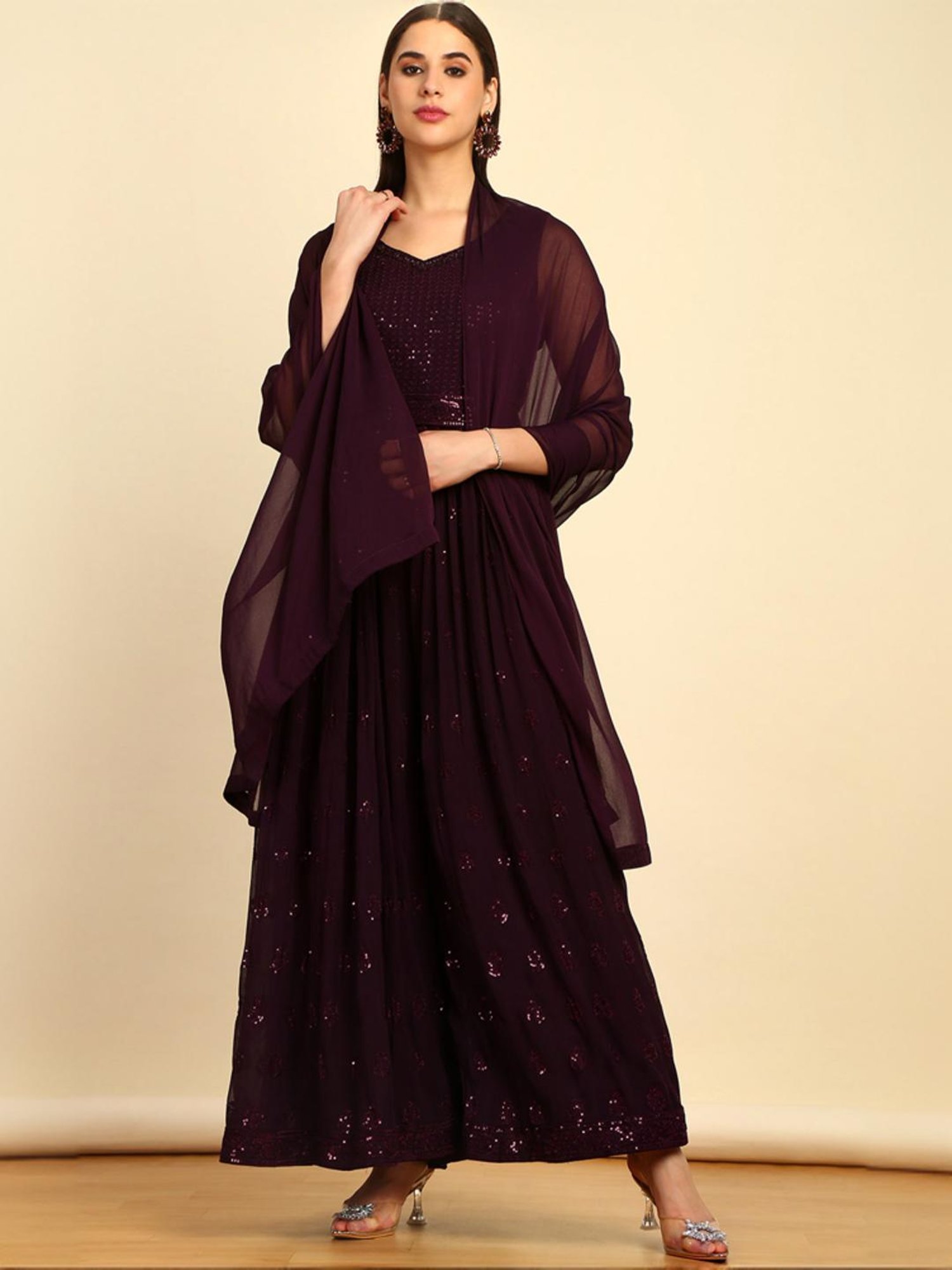 Soch Womens Wine Embellished Georgette Jumpsuit With Dupatta & Belt