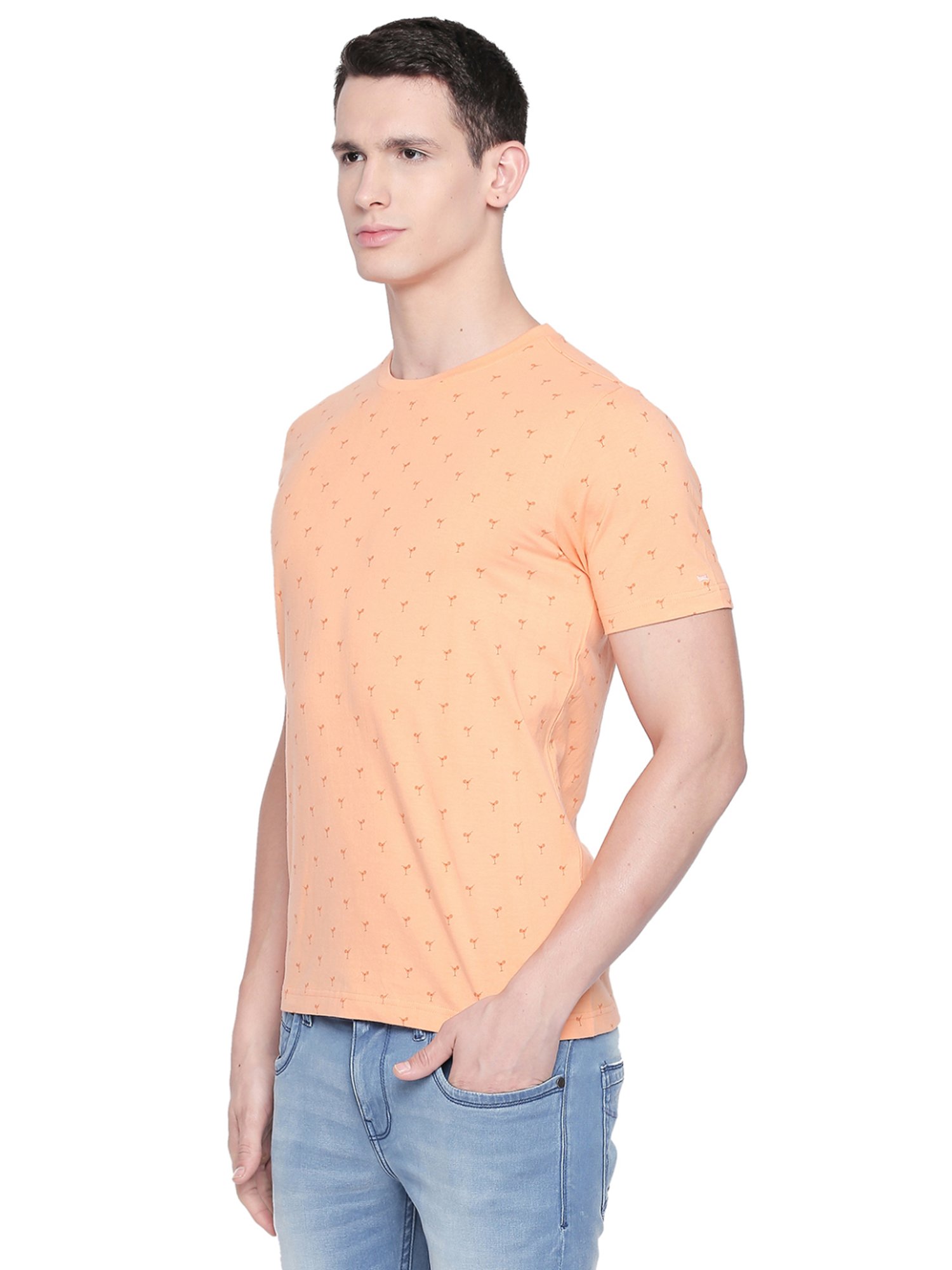 Basics Peach Cotton Slim Fit Printed T-Shirt