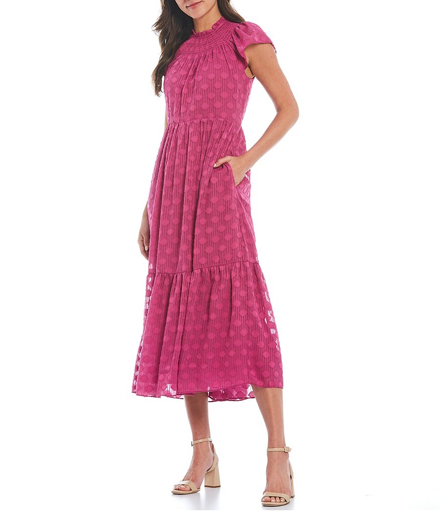 Donna Morgan Smocked Mock Neck Cap Sleeve A-Line Midi Dress