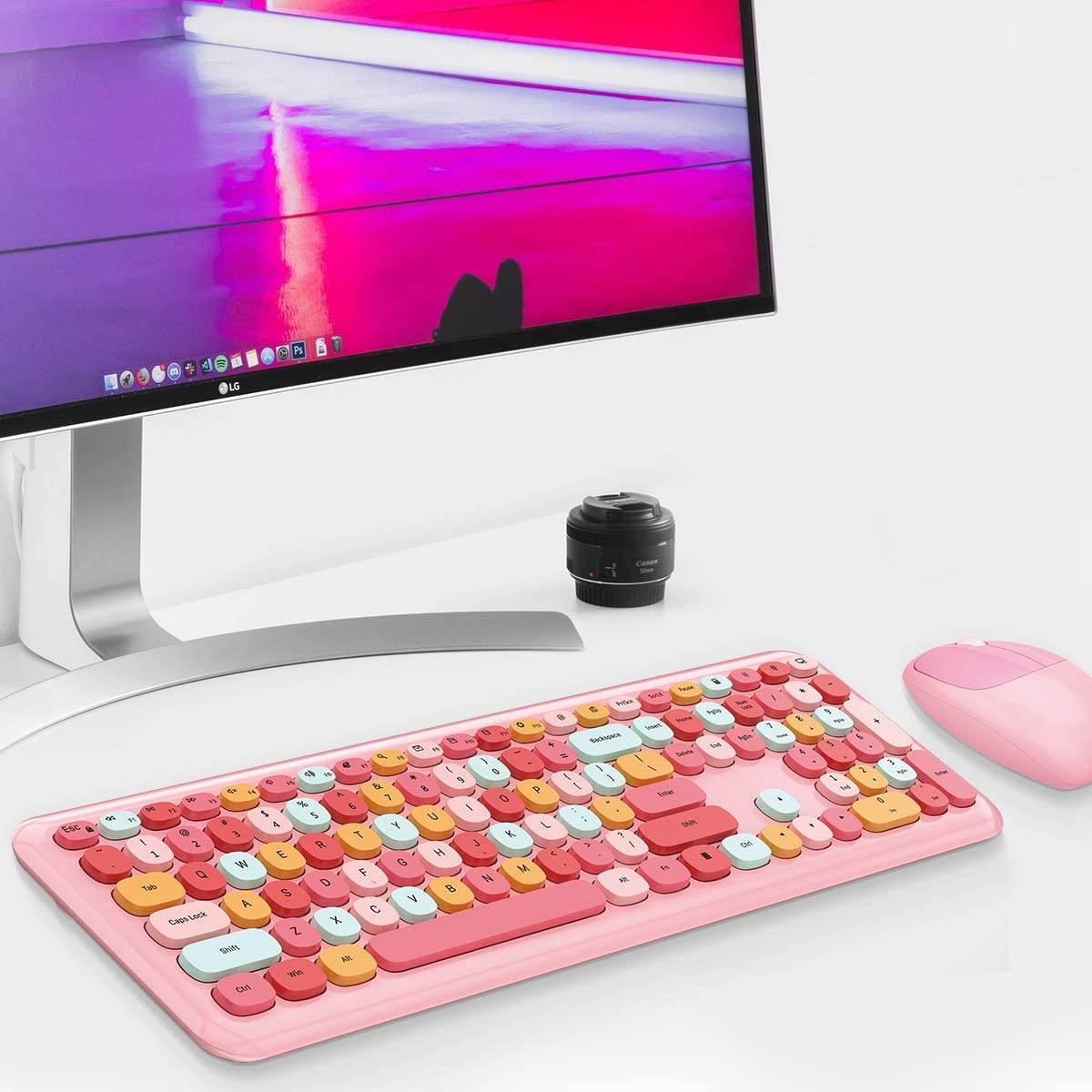 Wireless Keyboard and Mouse Combo, Slim Compact 2.4G USB Full Size Wireless Mouse and Keyboard Combo, Cute 110 Keys Keyboard for PC, MacBook, Tablet, Laptop, Windows System(Pink Colorful)
