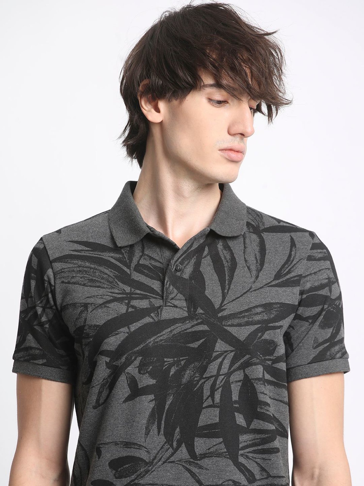 The Bear House Grey Cotton Regular Fit Printed Polo T-Shirt