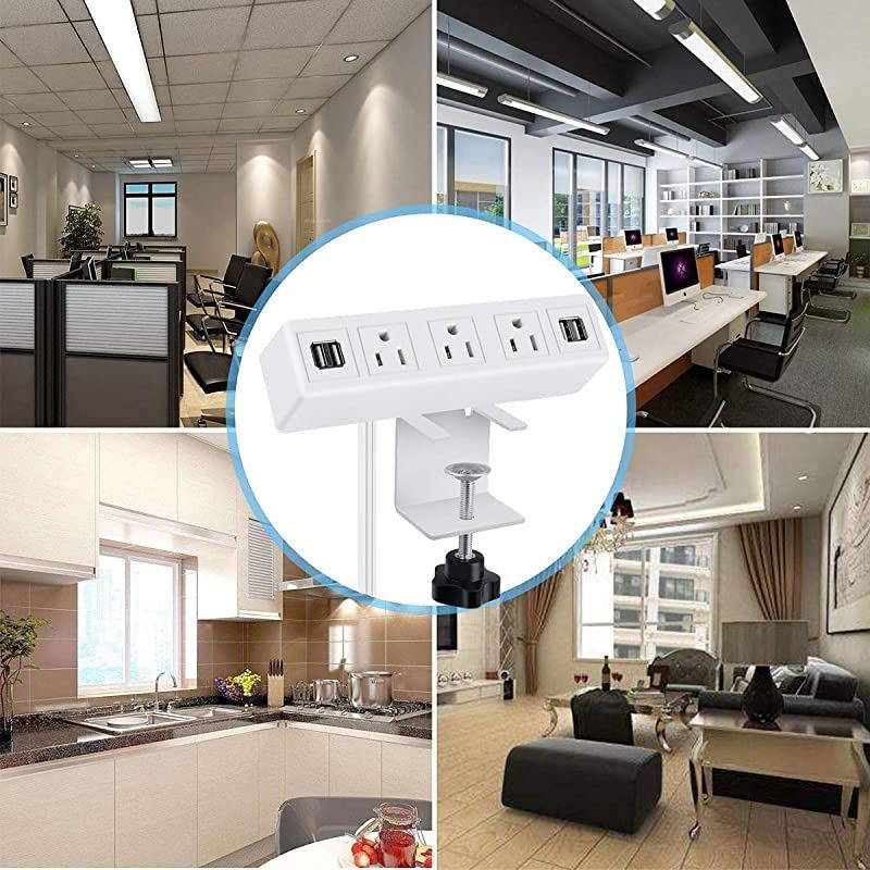 AC Outlet Desk Clamp Power Strip White Desk Mount USB Charging Power Station Removable Desktop Edge Power Center Plugs Output 125V60HZ12A1500W USB 5V4A 656FT Cable