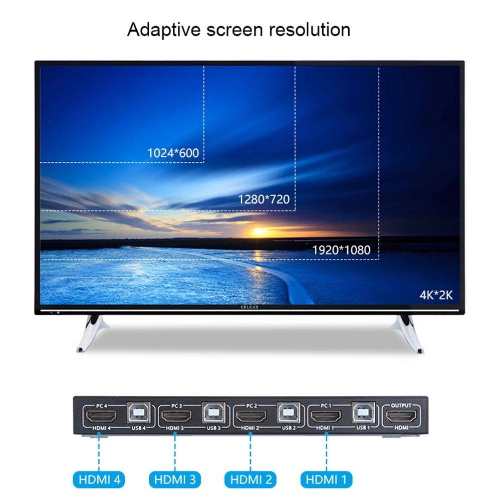 4 Ports 4 IN 1 Out HDMI-compatible KVM Type C Switch Splitter for Sharing Monitor Keyboard Mouse Adaptive support EDID/HDCP