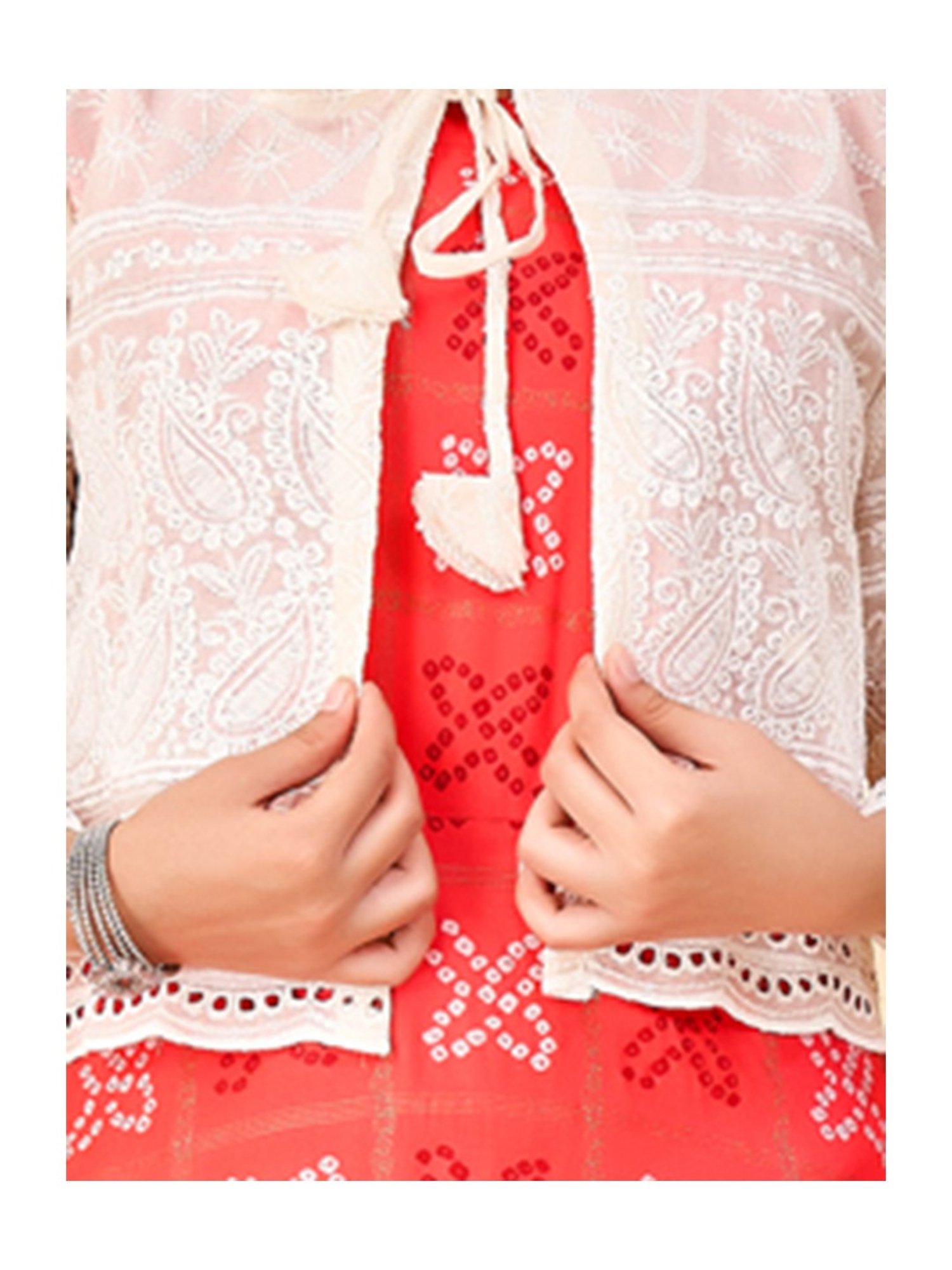 Aarika Girls Coral & Cream Embroidered Dress with Jacket