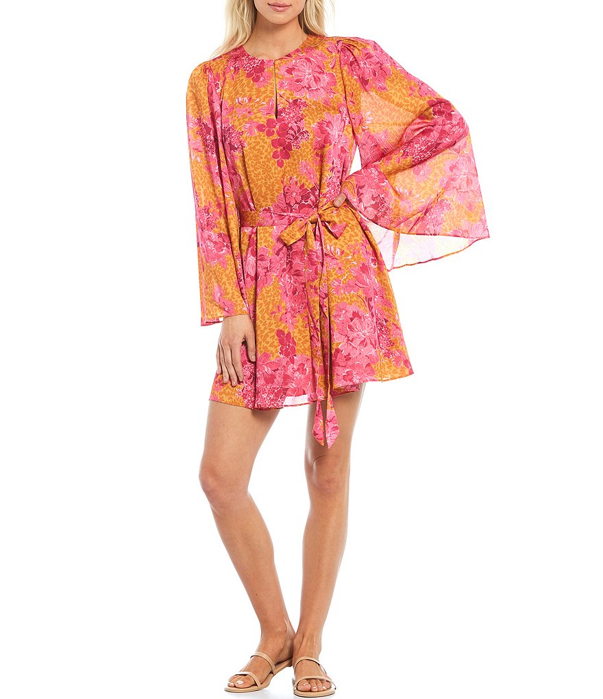 Ted Baker London Dolci Floral Print Long Sleeve Tie Waist Dress