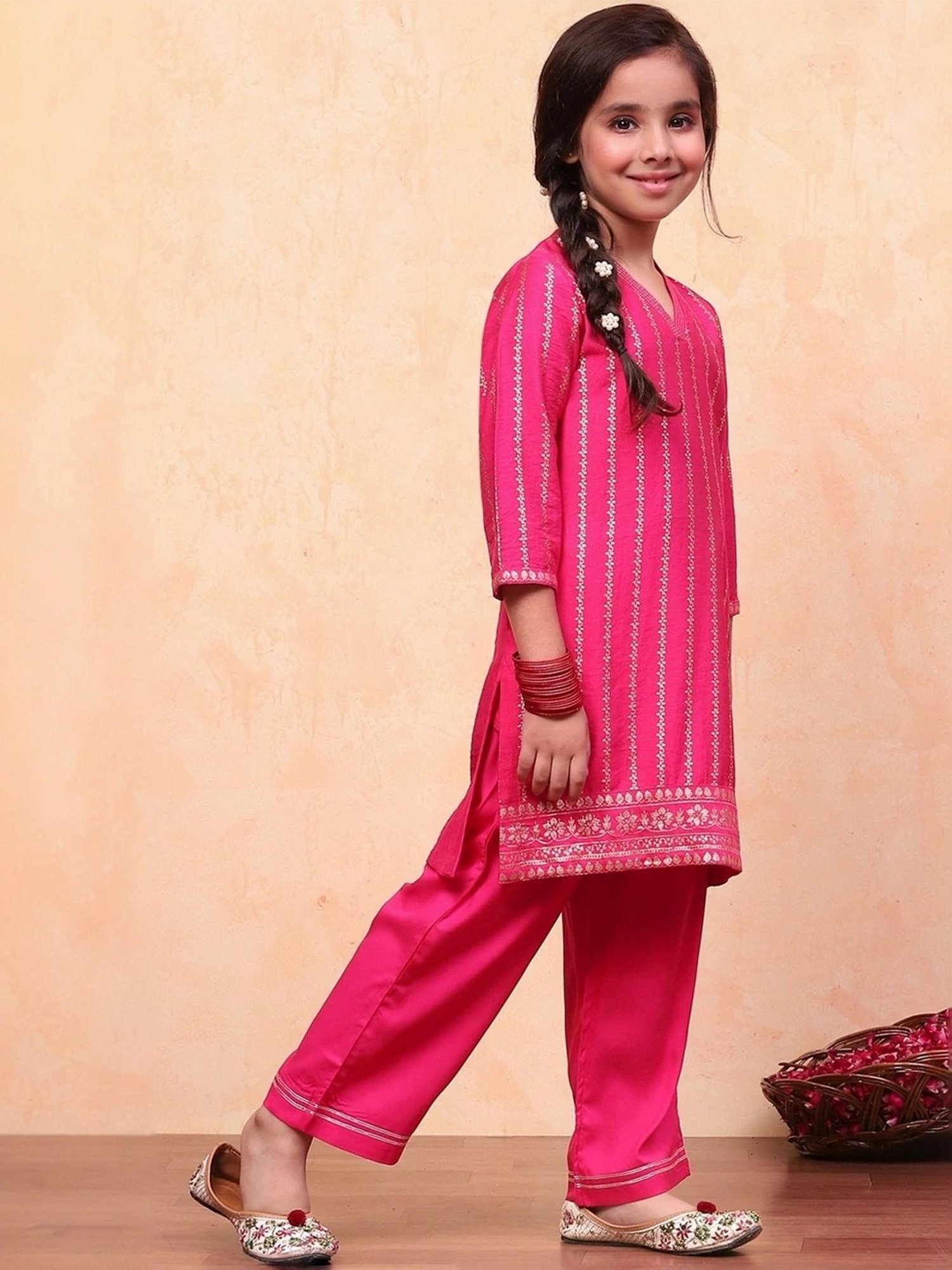 Biba Girls Pink Embellished Kurta set