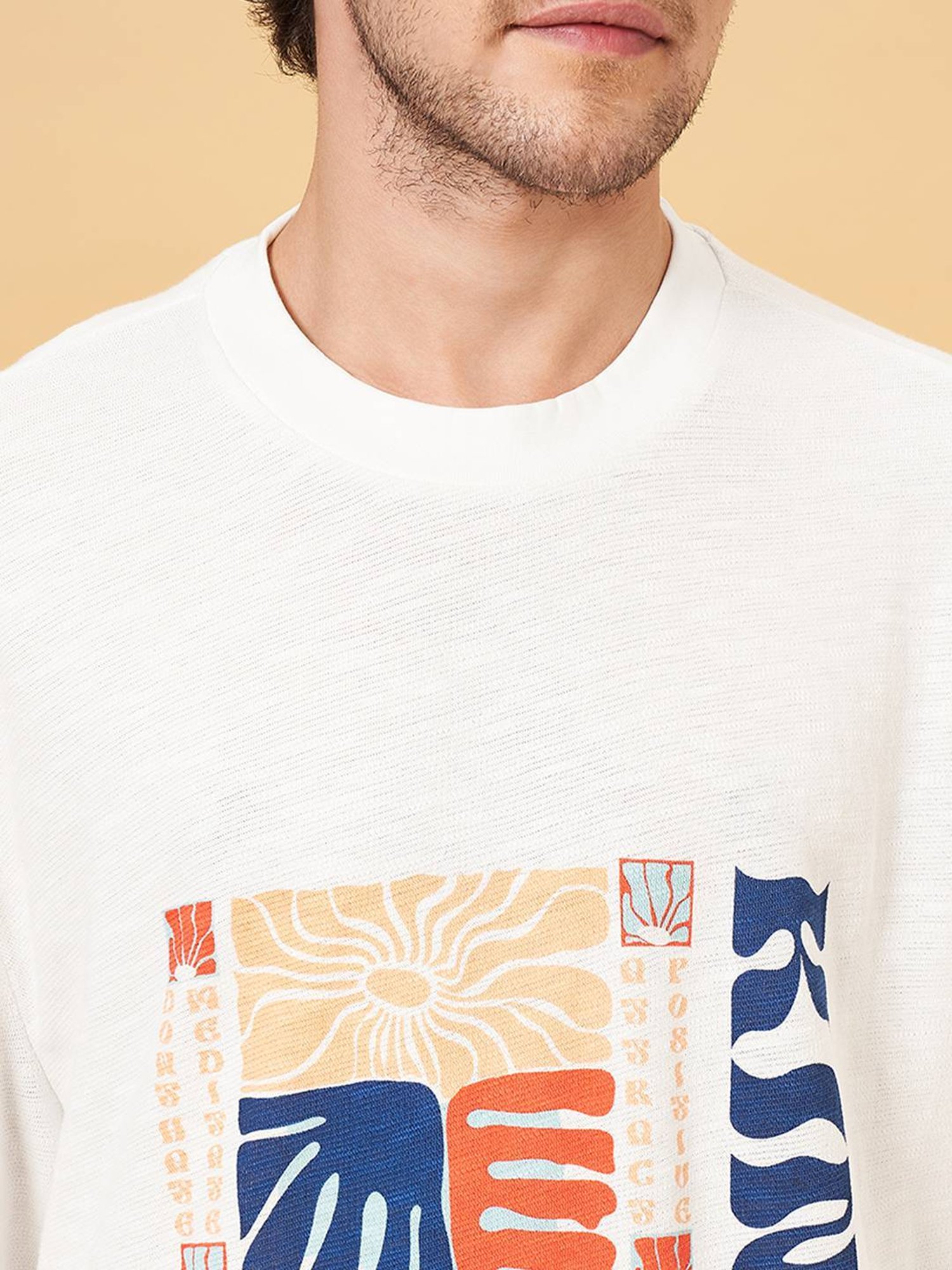 People by Pantaloons Snow White Cotton Loose Fit Printed T-Shirt