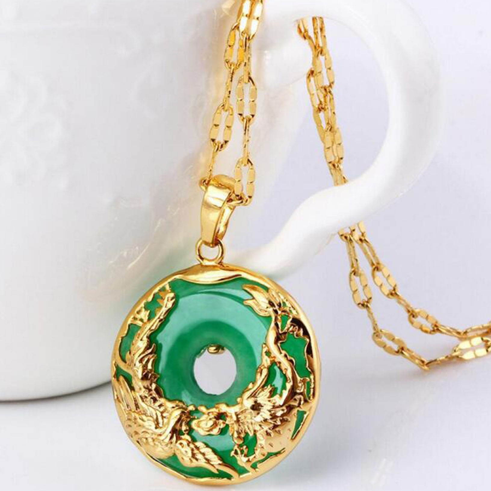 New Gold Plated Dragon Phoenix Pendant Malaysia Jade Jewelry Chain Necklace US