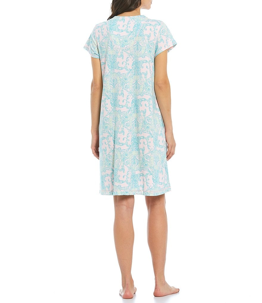 Miss Elaine Paisley Print Interlock Knit Grip-Front Short Robe