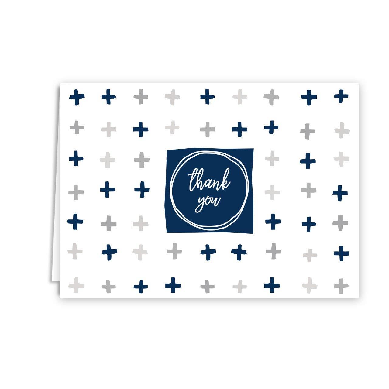 Navy Patterns Thank You Folded Assortment Card Pack - Set of 36 Cards, 6 Designs - 6 Cards per Design, 4 7/8'' x 3 1/2''. Blank Inside. Made in The USA. Blank White envelopes Included.