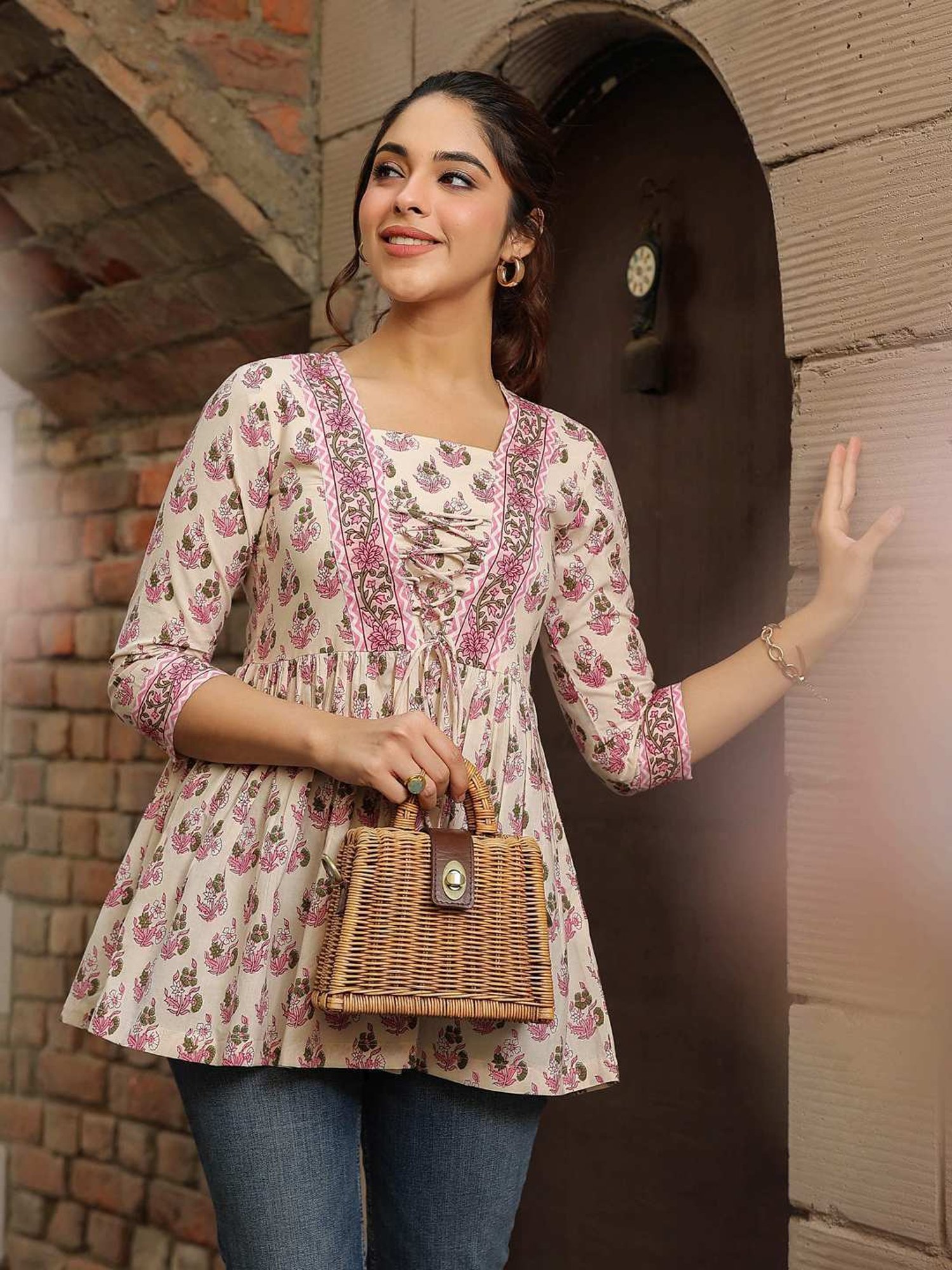 Rain and Rainbow Cream & Pink Cotton Floral Print Top