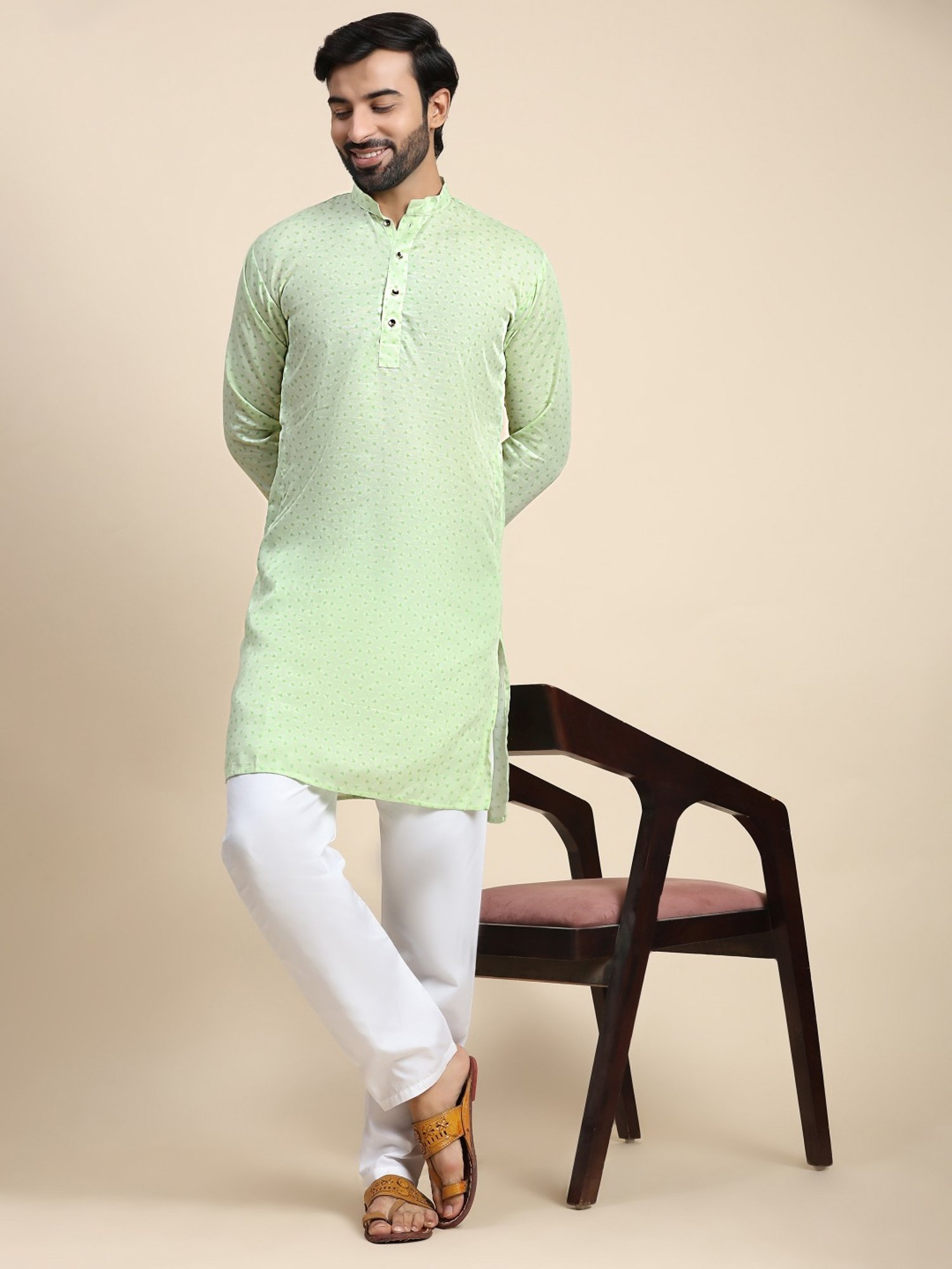 Pro-Ethic Style Developer Green & White Cotton Regular Fit Printed Kurta Bottom Set