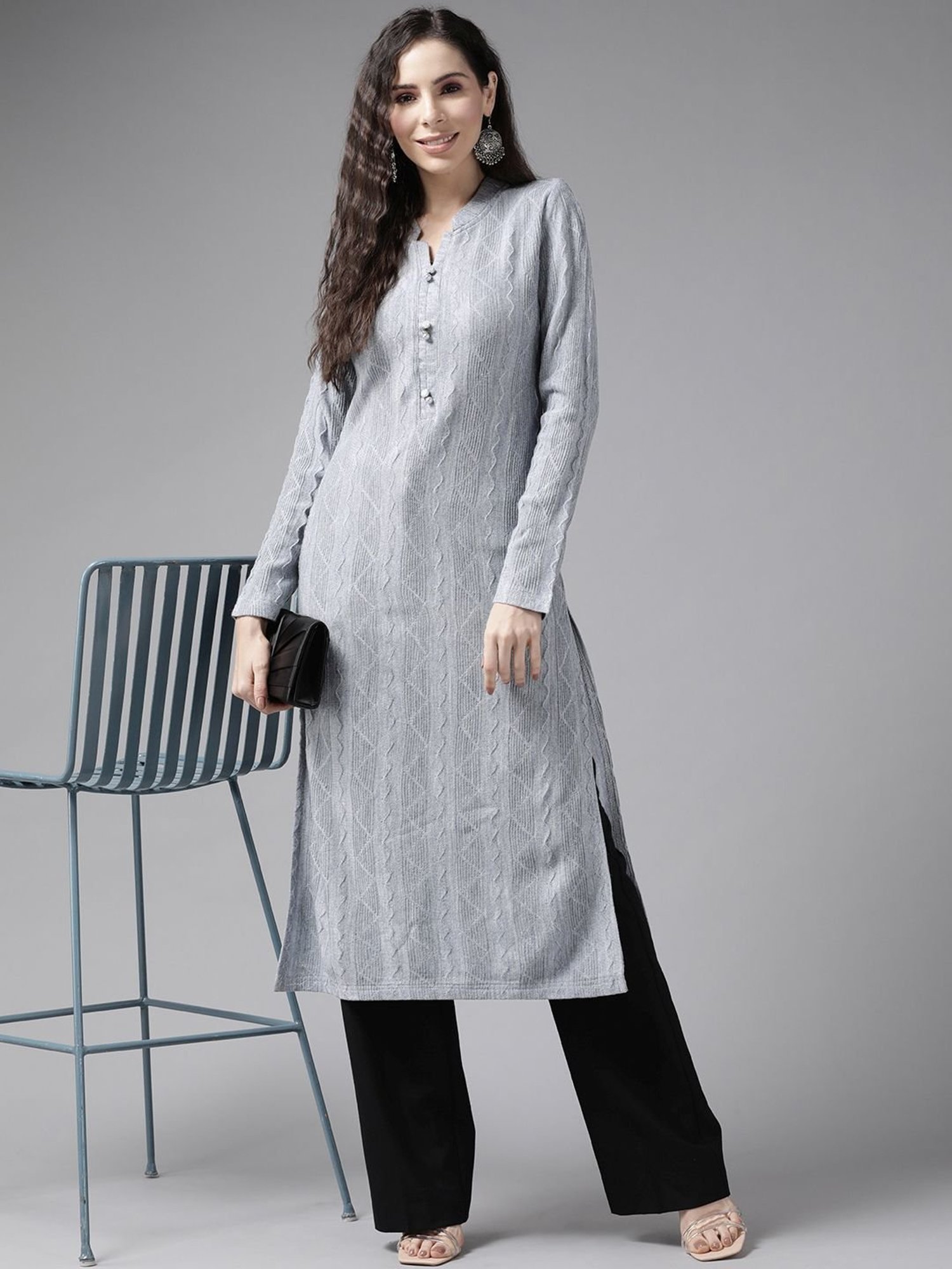 Cayman Grey Striped Straight Kurta
