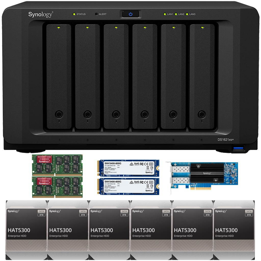 Synology DS1621xs+ DiskStation with 32GB RAM, 1.6B (2x800GB) Cache, an E25G21-F2 25GbE Card and 96TB (6 x 16TB) of Synology Enterprise HAT5300 Drives Fully Assembled and Tested By CustomTechSales
