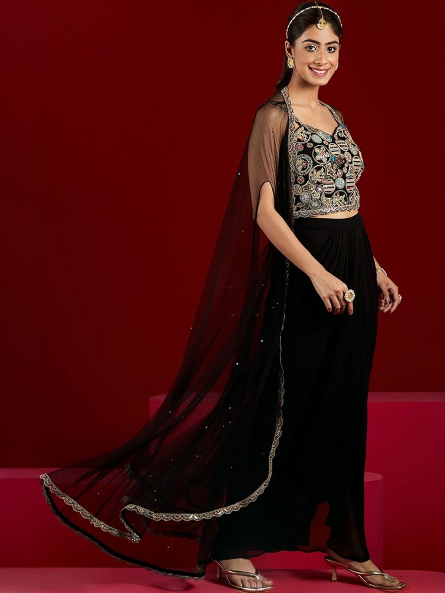 Libas Art Black Embroidered Crop Top Skirt Set With Shrug