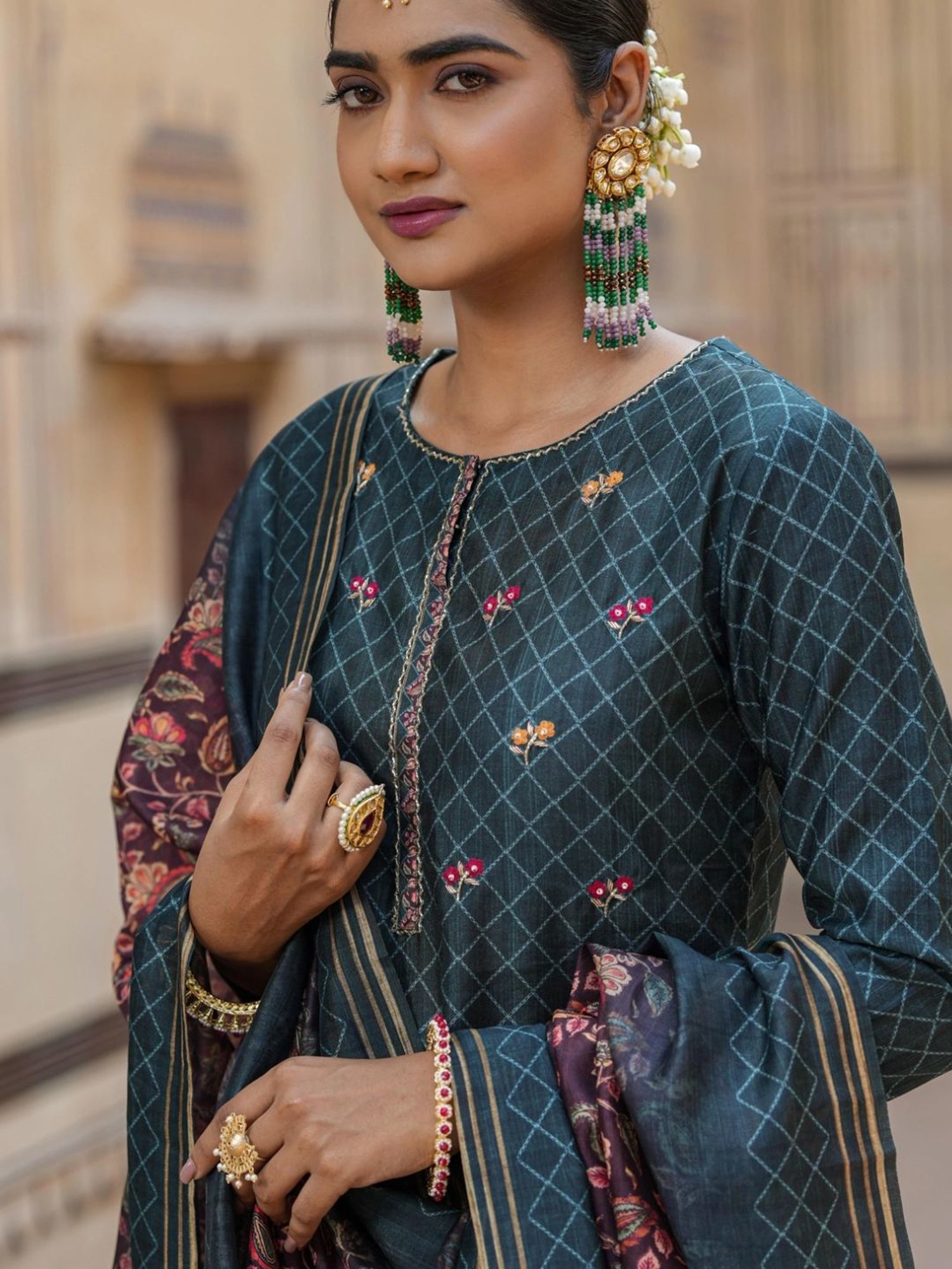 Scakhi Deep Teal Modal Chanderi Printed Suit Set Kurta With Pant And Dupatta