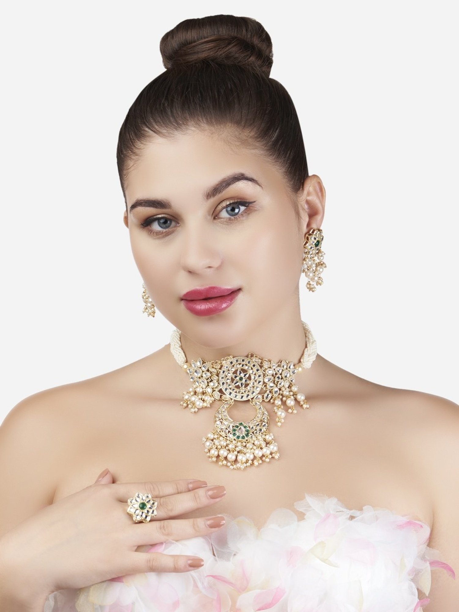 Zaveri Pearls Green Kundan & Pearls Traditional Choker Necklace Earring & Ring Set-ZPFK13196